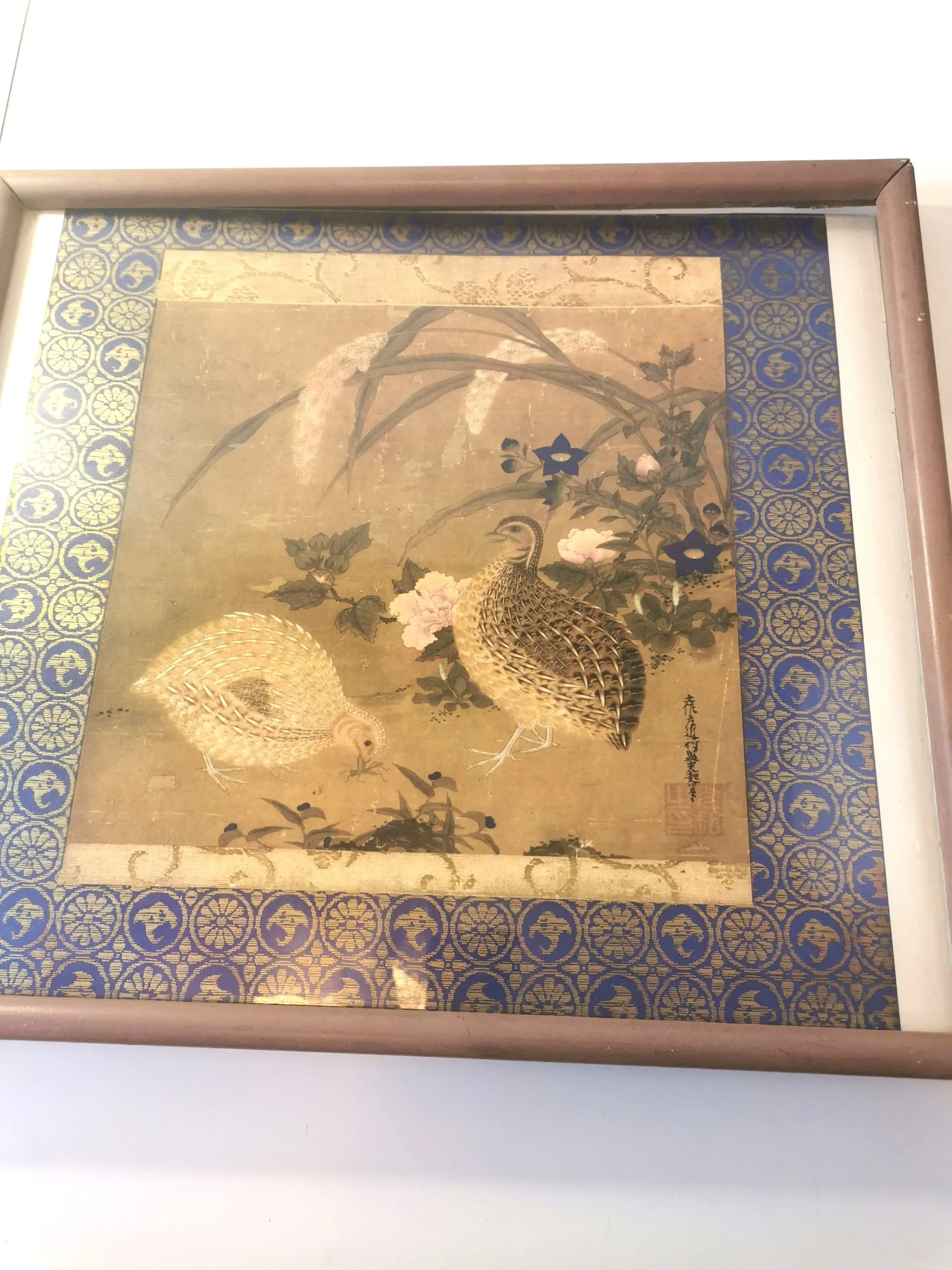 Tosa Mitsuoki Woodblock Print Quail Flowers Japan DAMAGED FRAME image indicator(8)