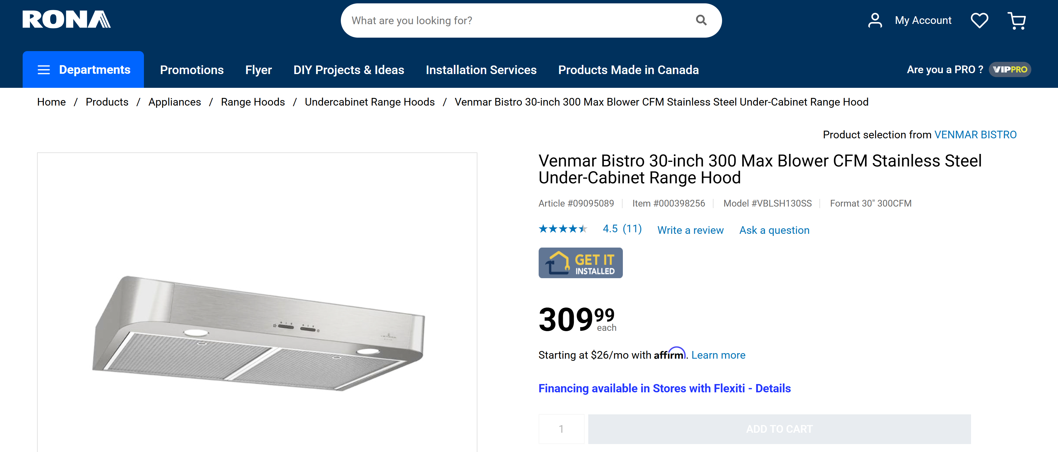 Venmar Bistro 30" 300 Max Blower CFM SS Under-Cabinet Range Hood - photo 2