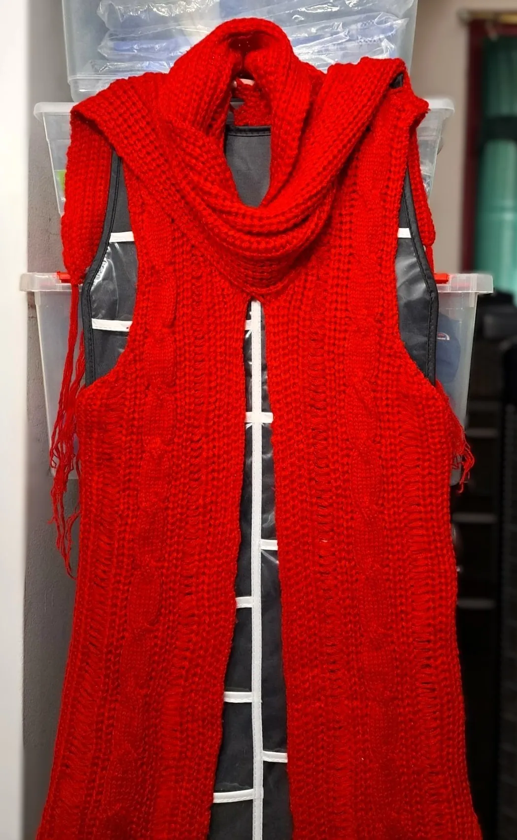 Red Knitted Cardigan Vest Sweater with Crochet Detail