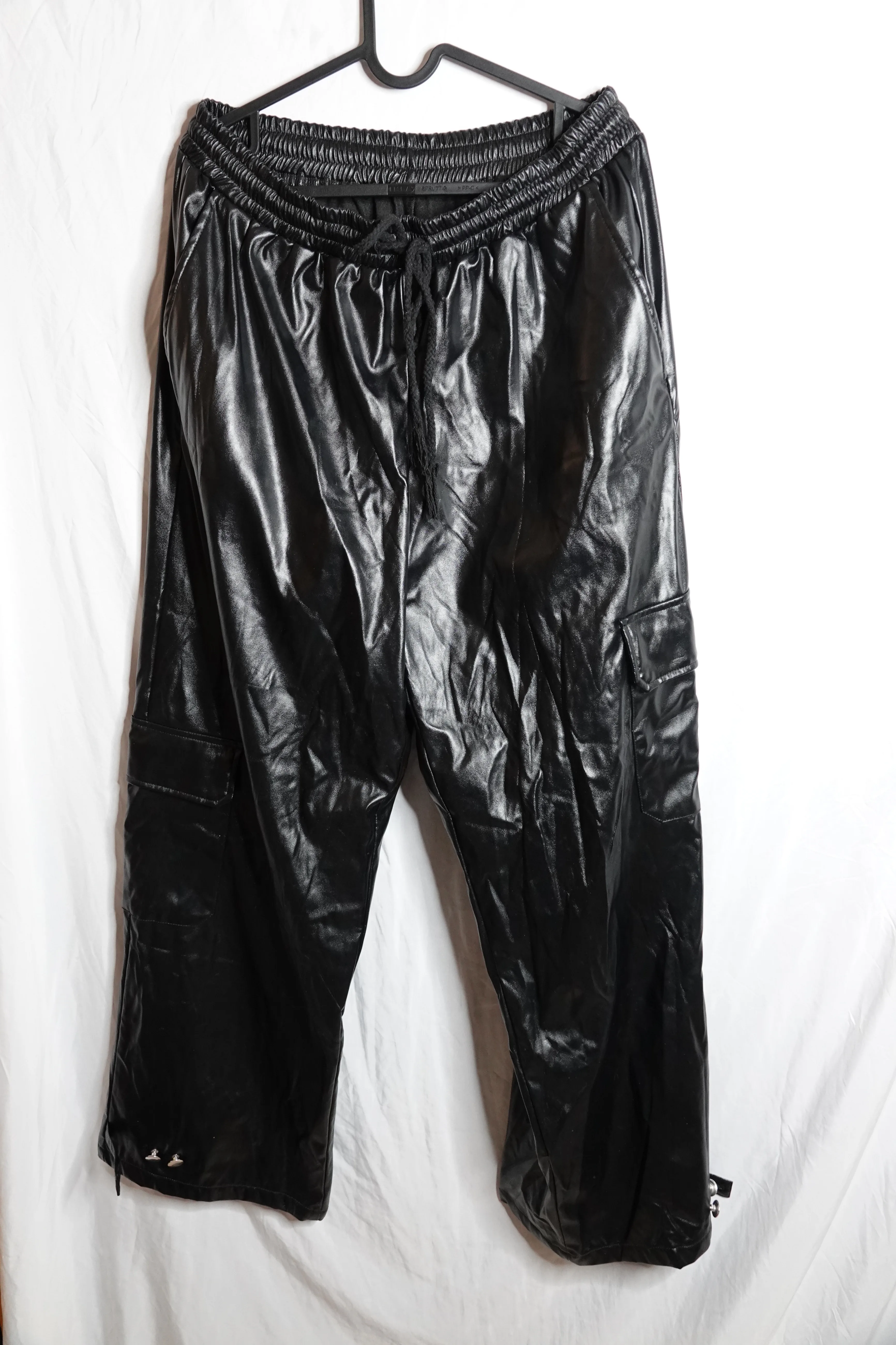 Black Faux Leather Cargo Pants – Elastic Waist, Wide/Relaxed Fit image indicator(2)