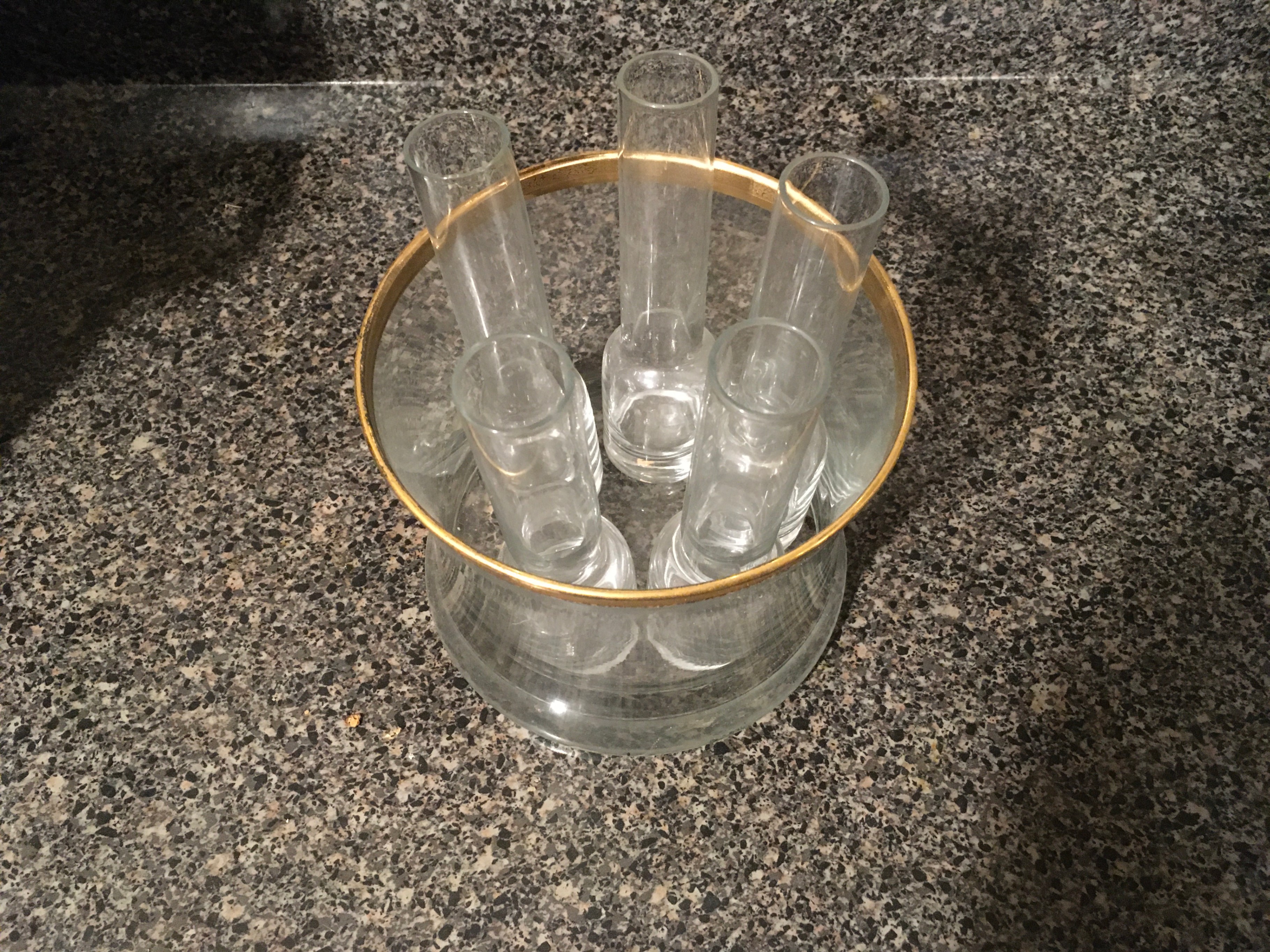 Gold Trimmed Glass pitcher with shot glasses