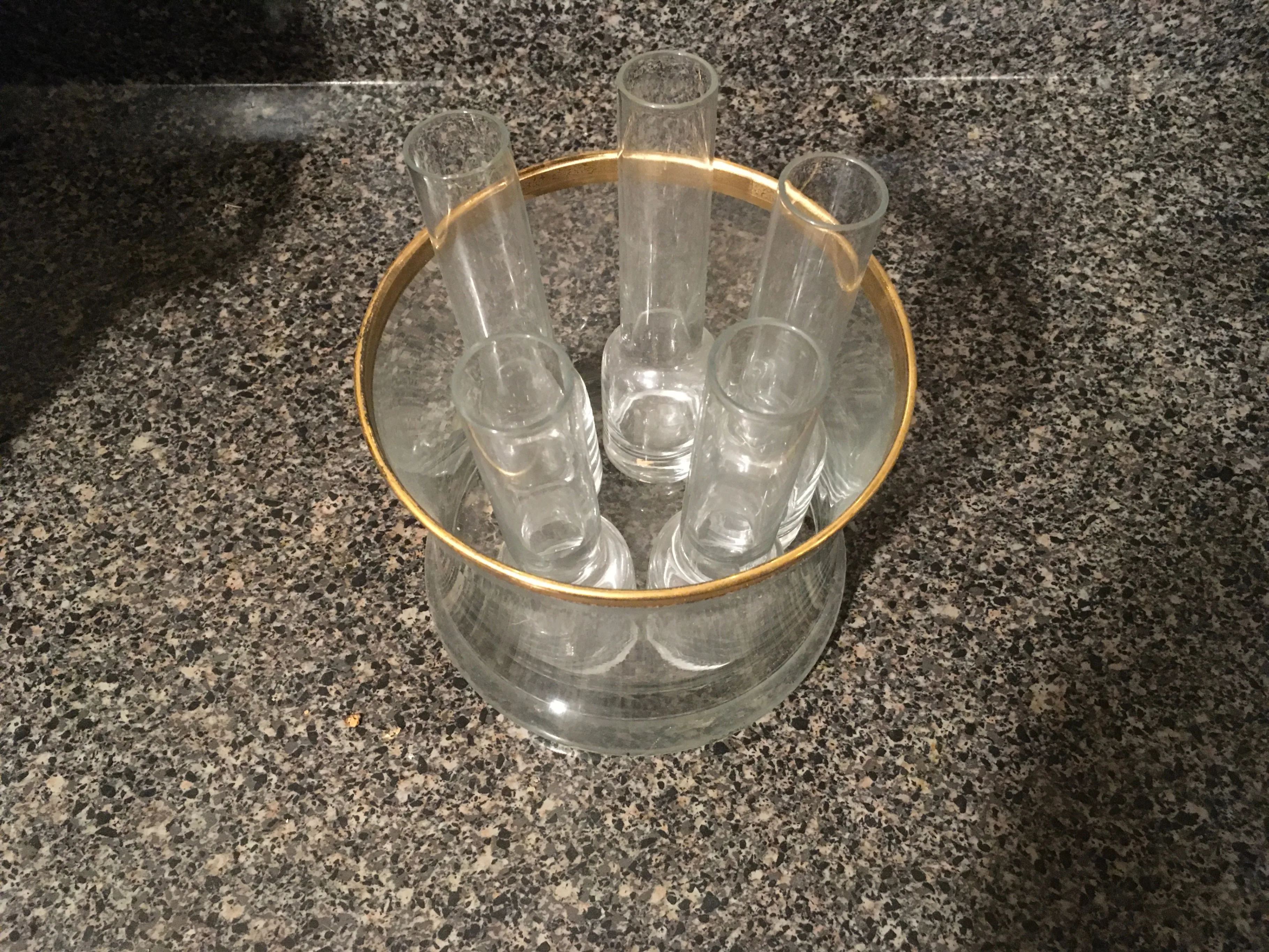 Gold Trimmed Glass pitcher with shot glasses