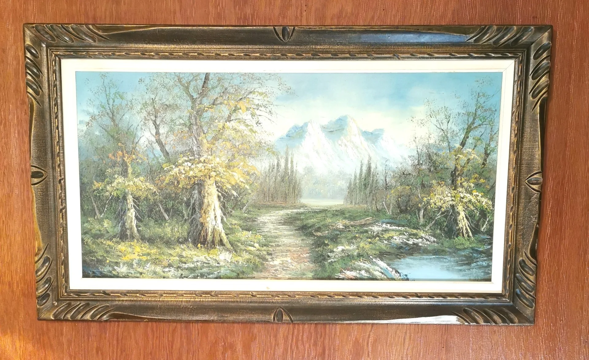 XXL 70s Impasto Oil Painting Mountain Landscape 47.5" Wood Frame image indicator(9)