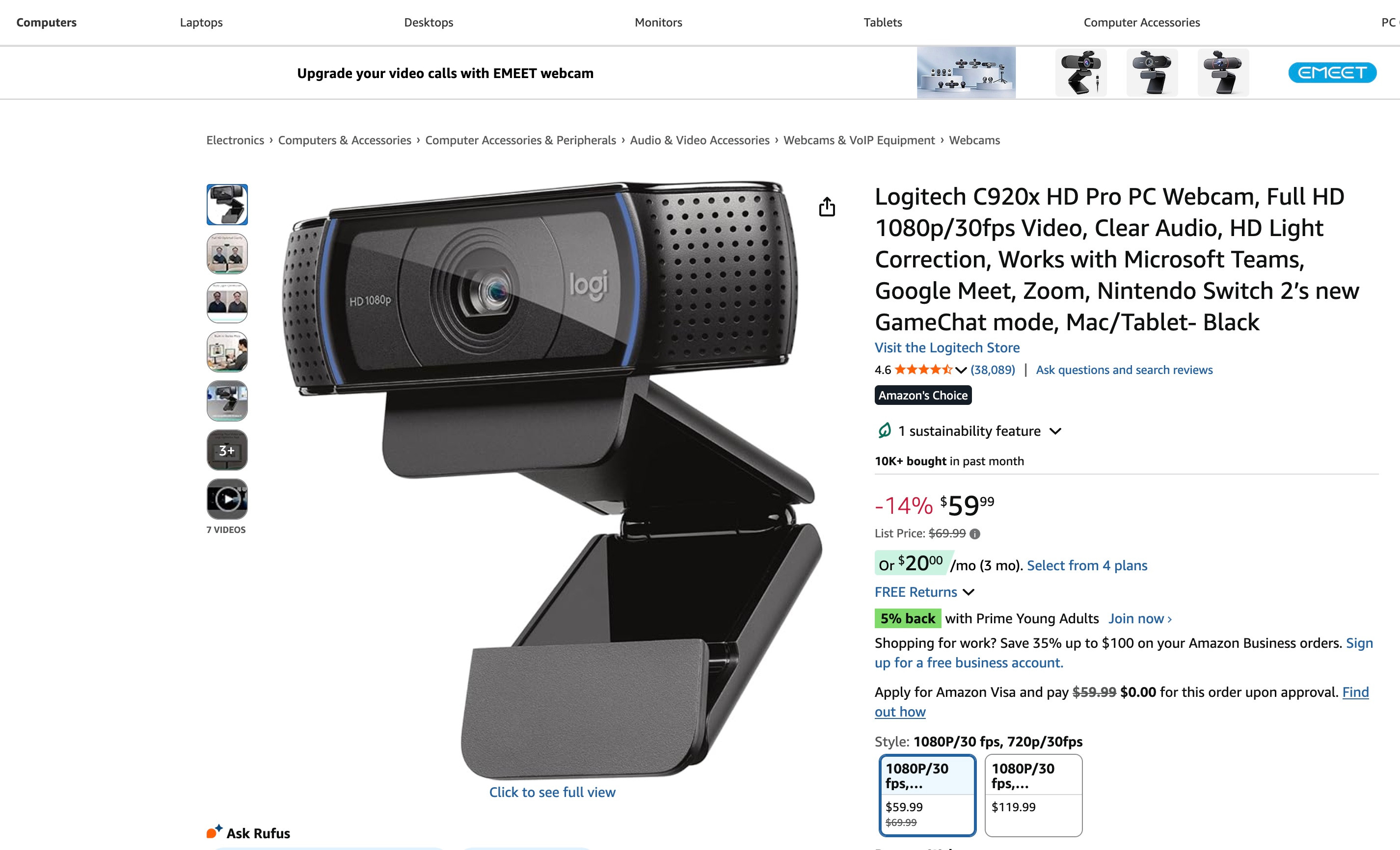 Logitech Webcam C920x HD Pro PC, Built-in Mics + Laptop Stand - photo 4