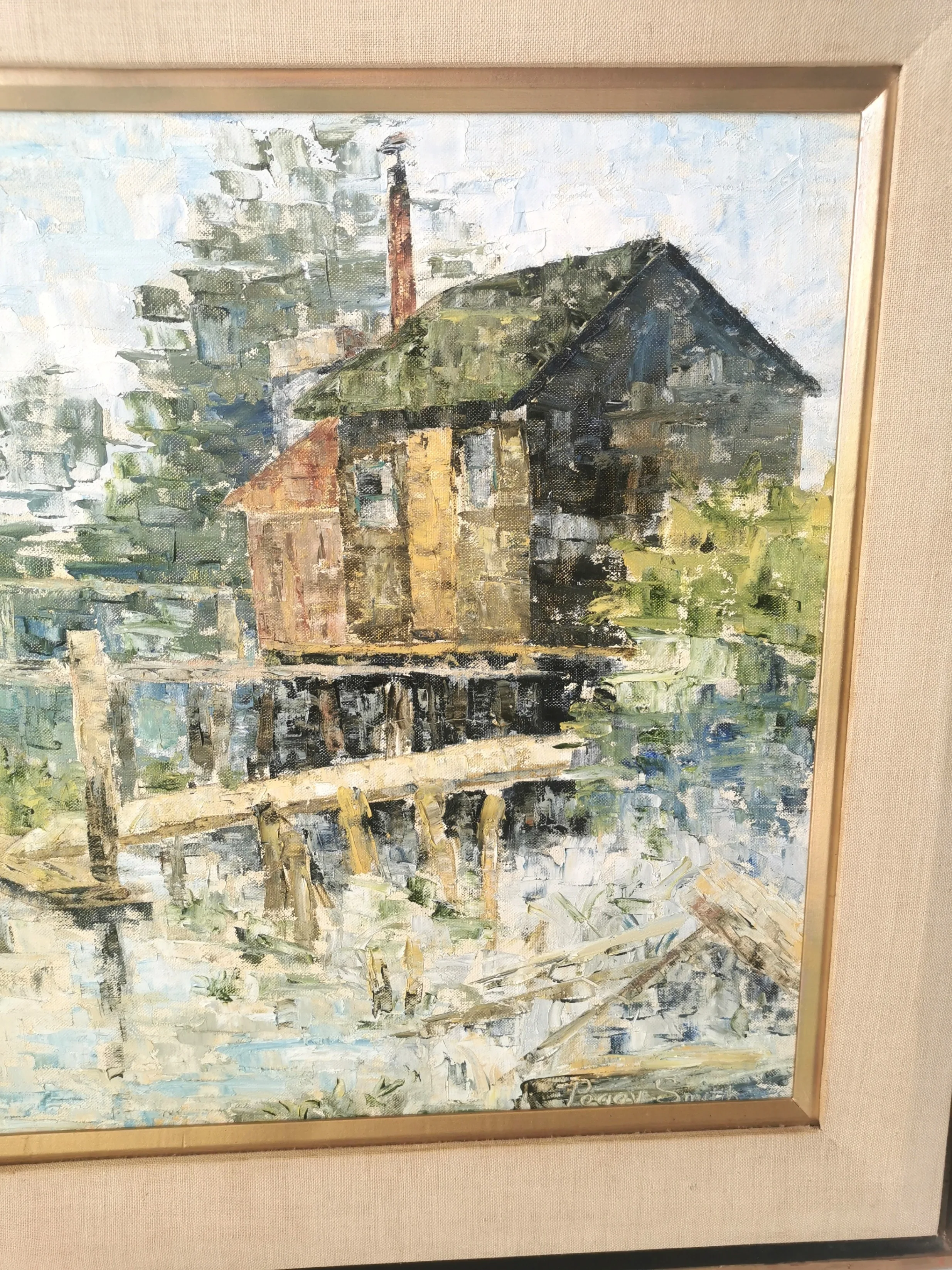 Original Oil Painting Waterfront by Peggy Hill Signed 1974 image indicator(3)