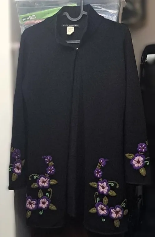 Above the Knee Cardigan Sweater with Embroidered Floral Accents