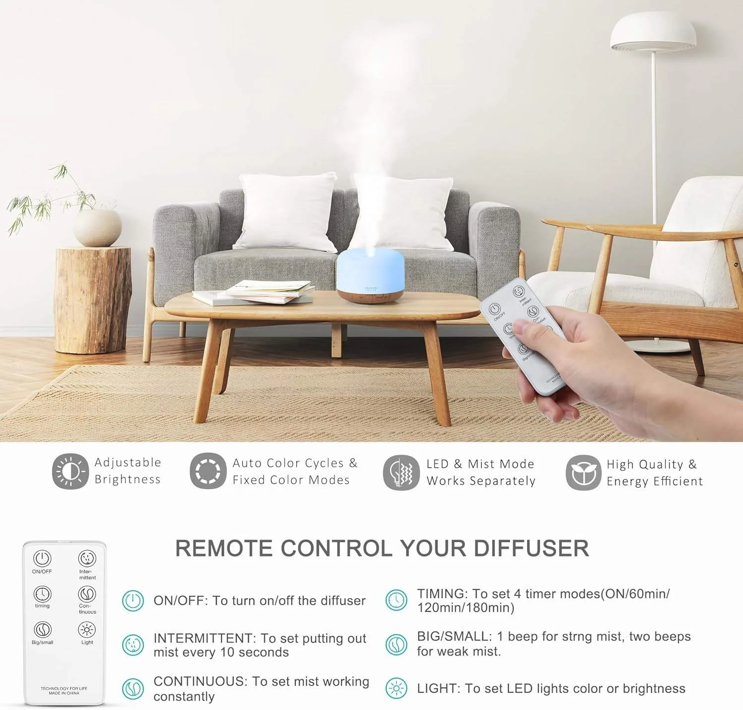 500ml Essential Oil Diffuser, 5-in-1, Remote Control image indicator(9)