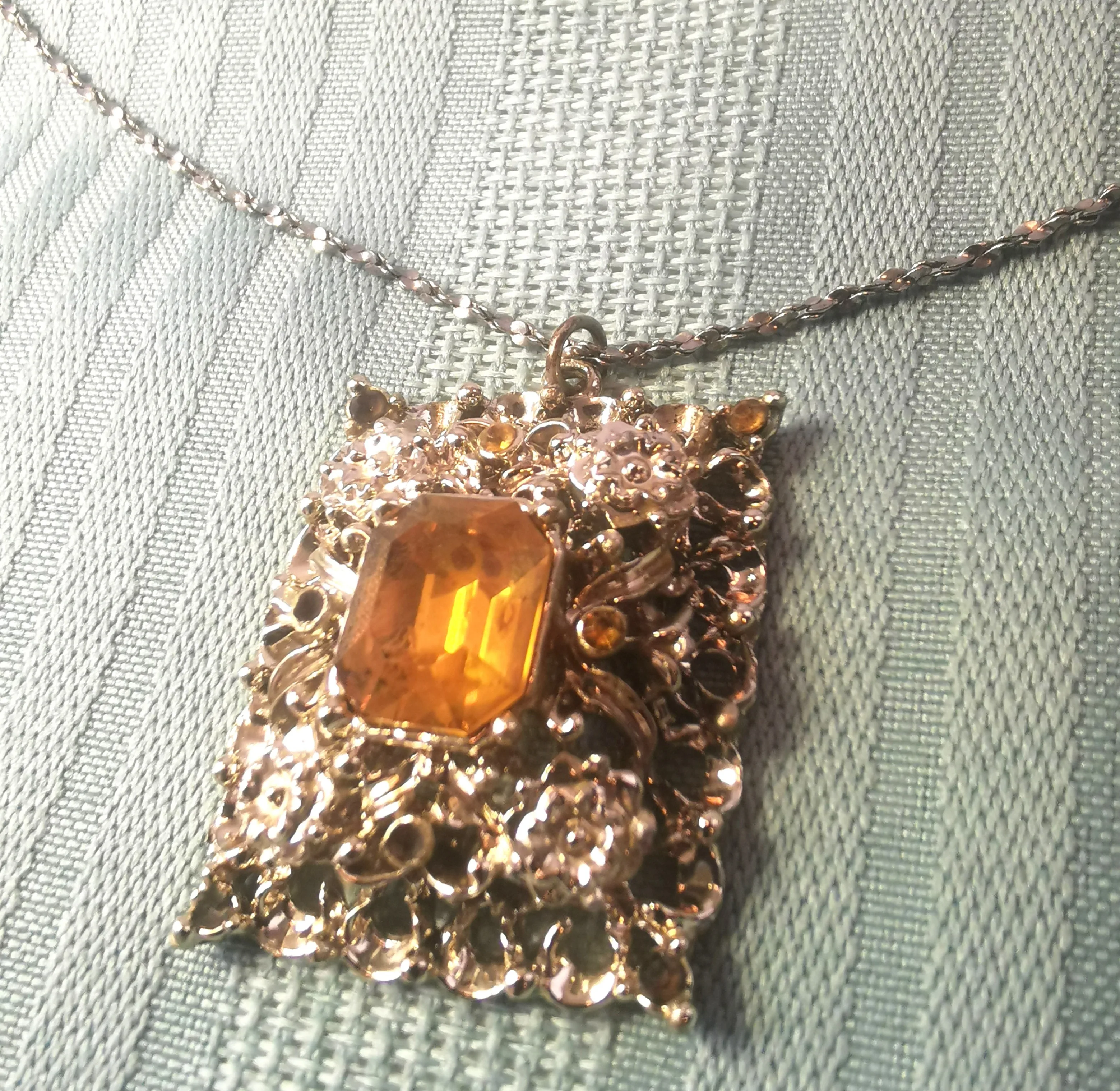 Vintage 80s Statement Necklace Citrine Glass Pendant Retro Costu image indicator(2)