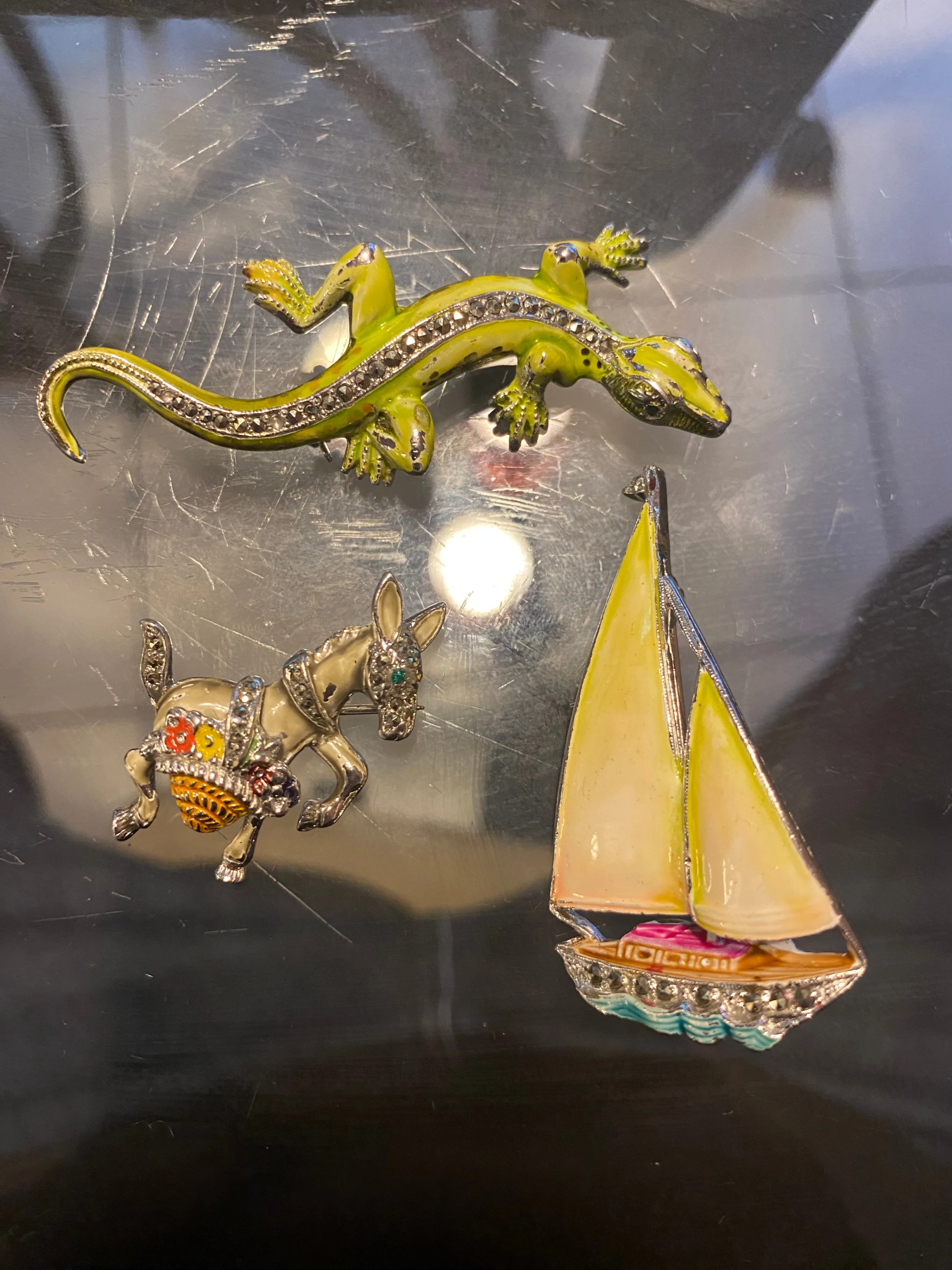 Sailboat, Lizard, Donkey Fashion Brooch