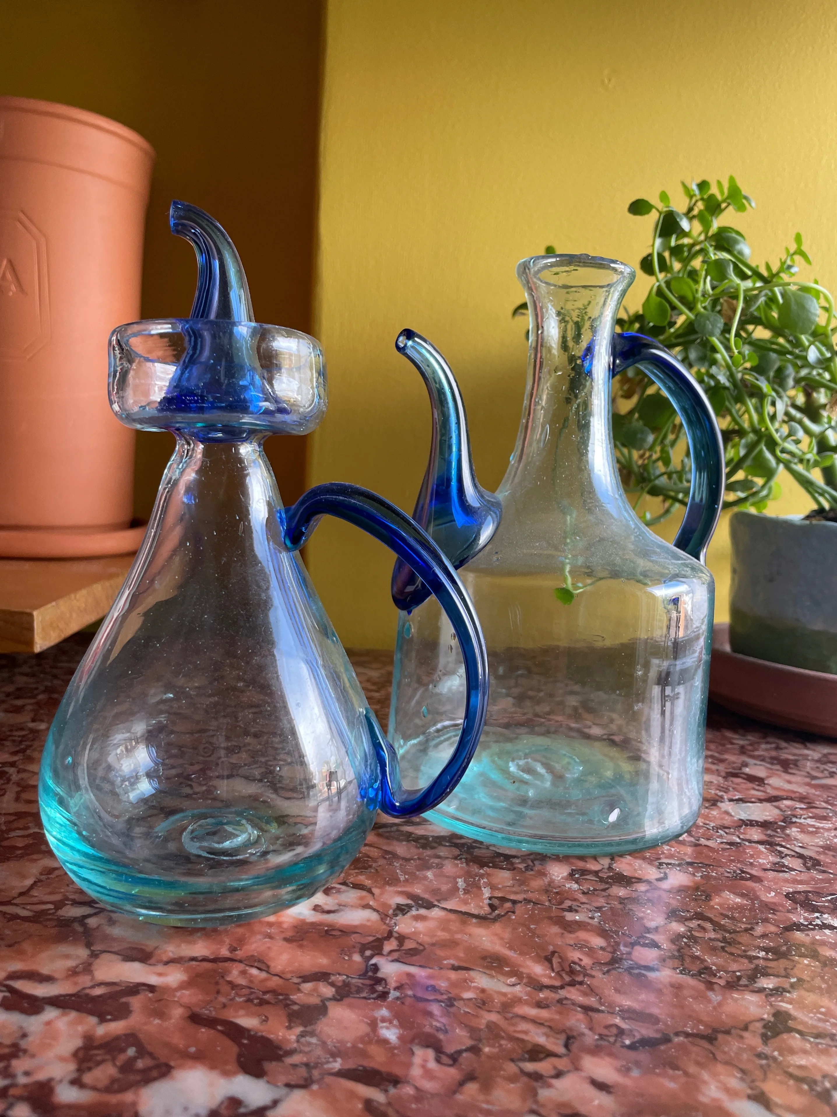 Vintage hand blown glass oil and vinegar cruet set. image indicator(6)