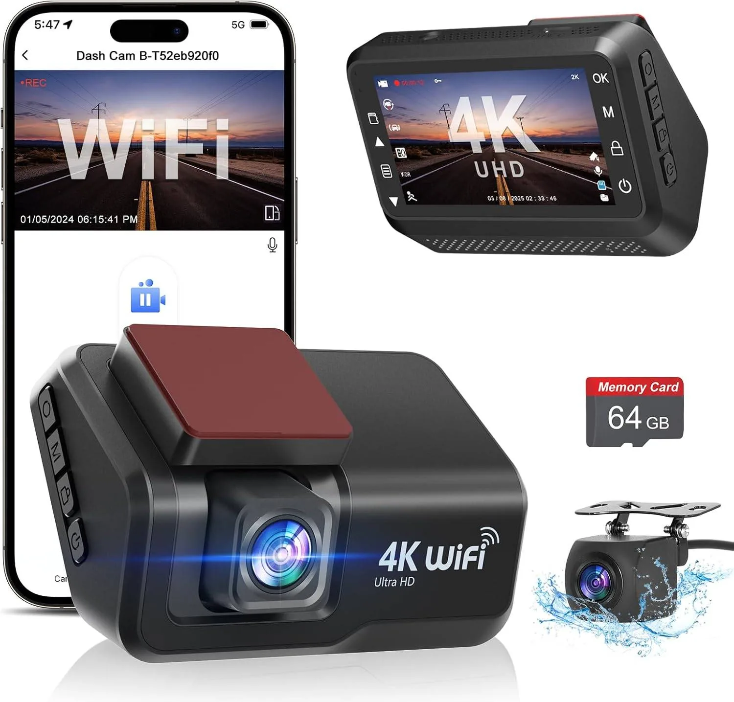 Dash Cam Front and Rear Camera, 4K+1080P WiFi Dual Dashcam