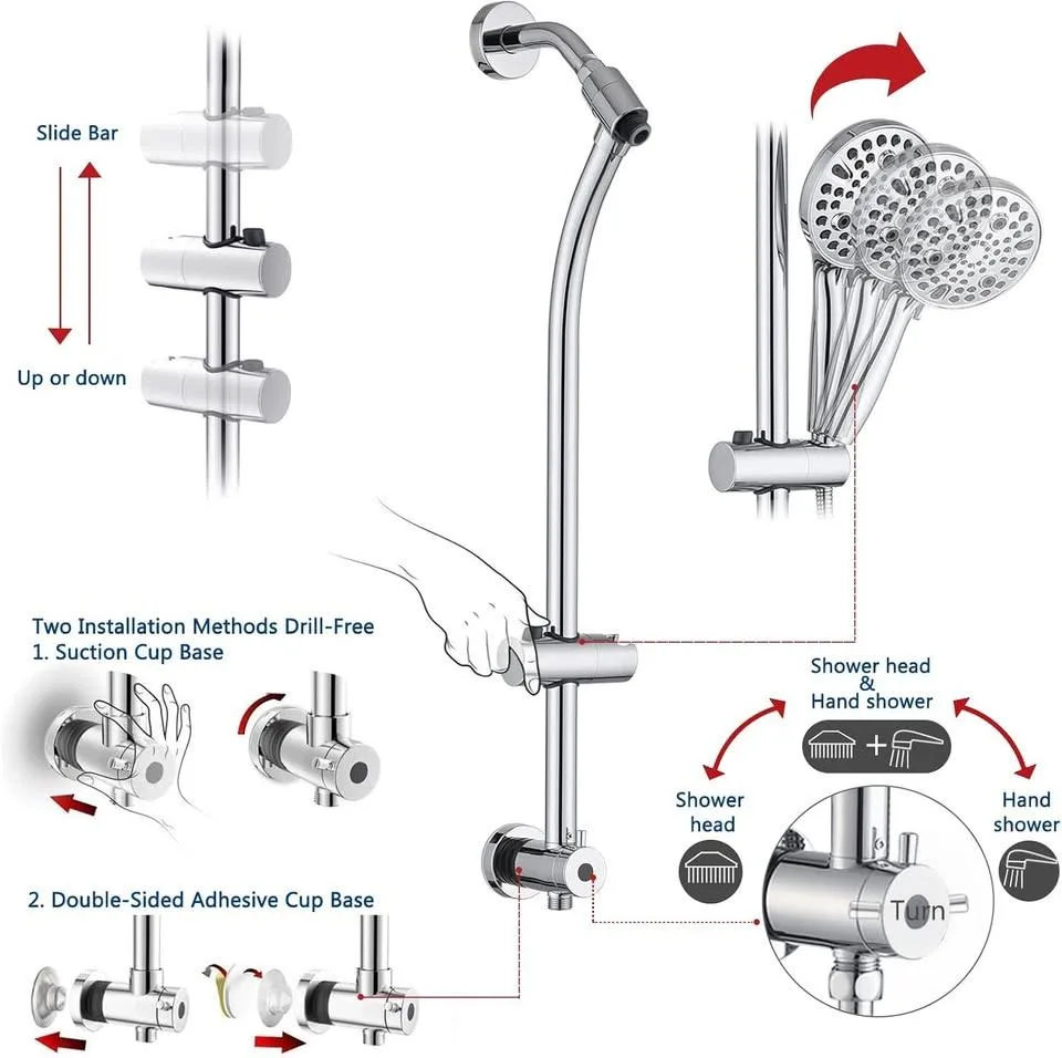High Pressure Chrome Dual Shower Head with Slider Bar & 5ft Hose image indicator(4)