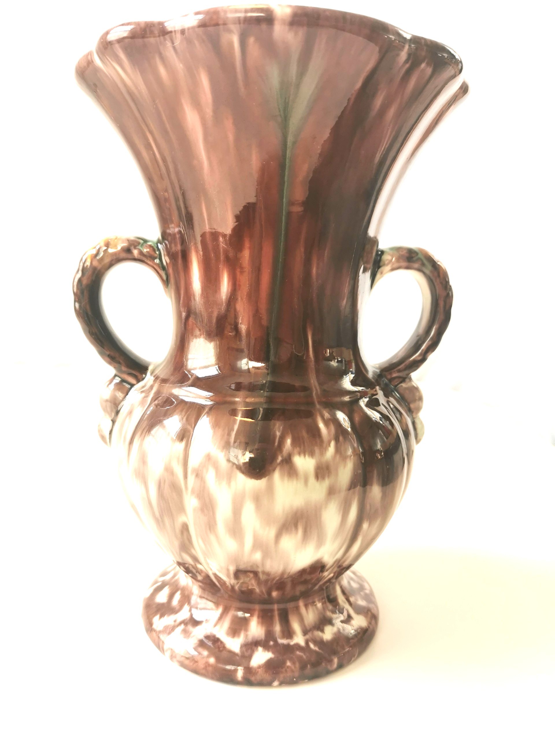 Brown Drip Glaze Double-Handled Pottery Vase circa 60s Unmarked