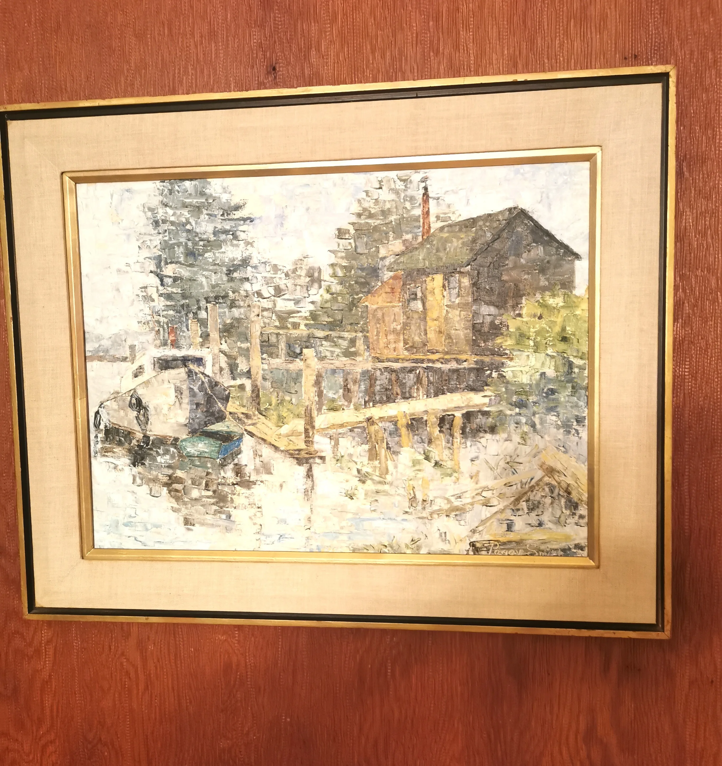 Original Oil Painting Waterfront by Peggy Hill Signed 1974 image indicator(10)