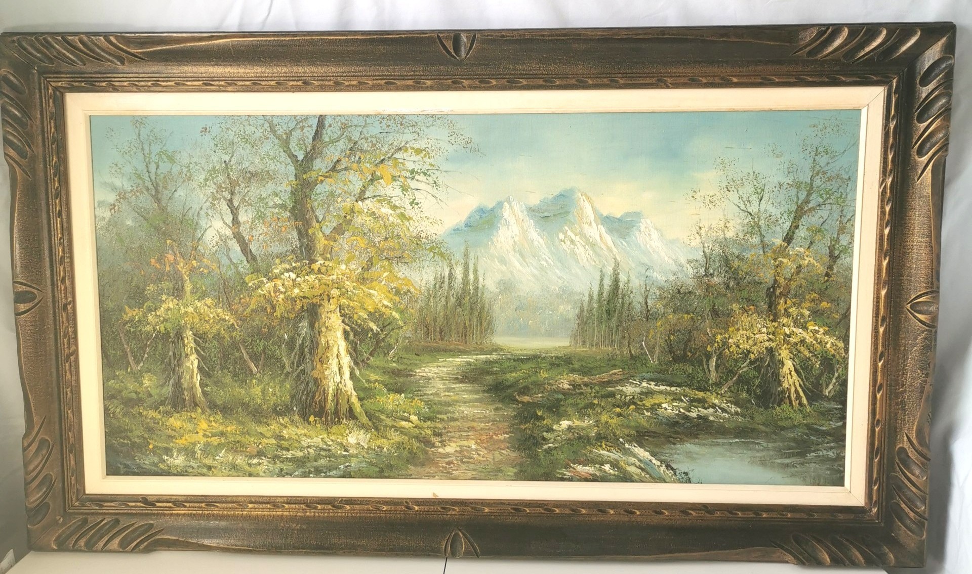 XXL 70s Impasto Oil Painting Mountain Landscape 47.5" Wood Frame - photo 3
