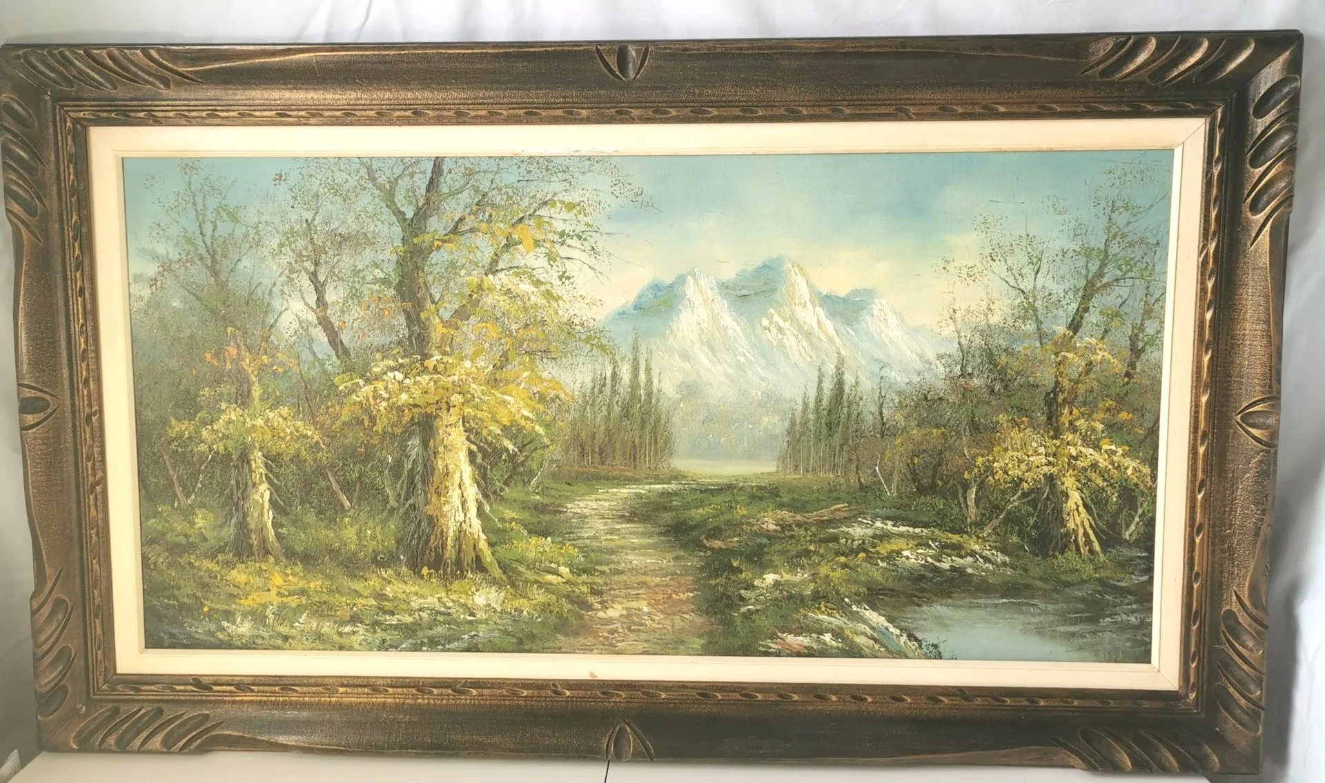 XXL 70s Impasto Oil Painting Mountain Landscape 47.5" Wood Frame image indicator(3)