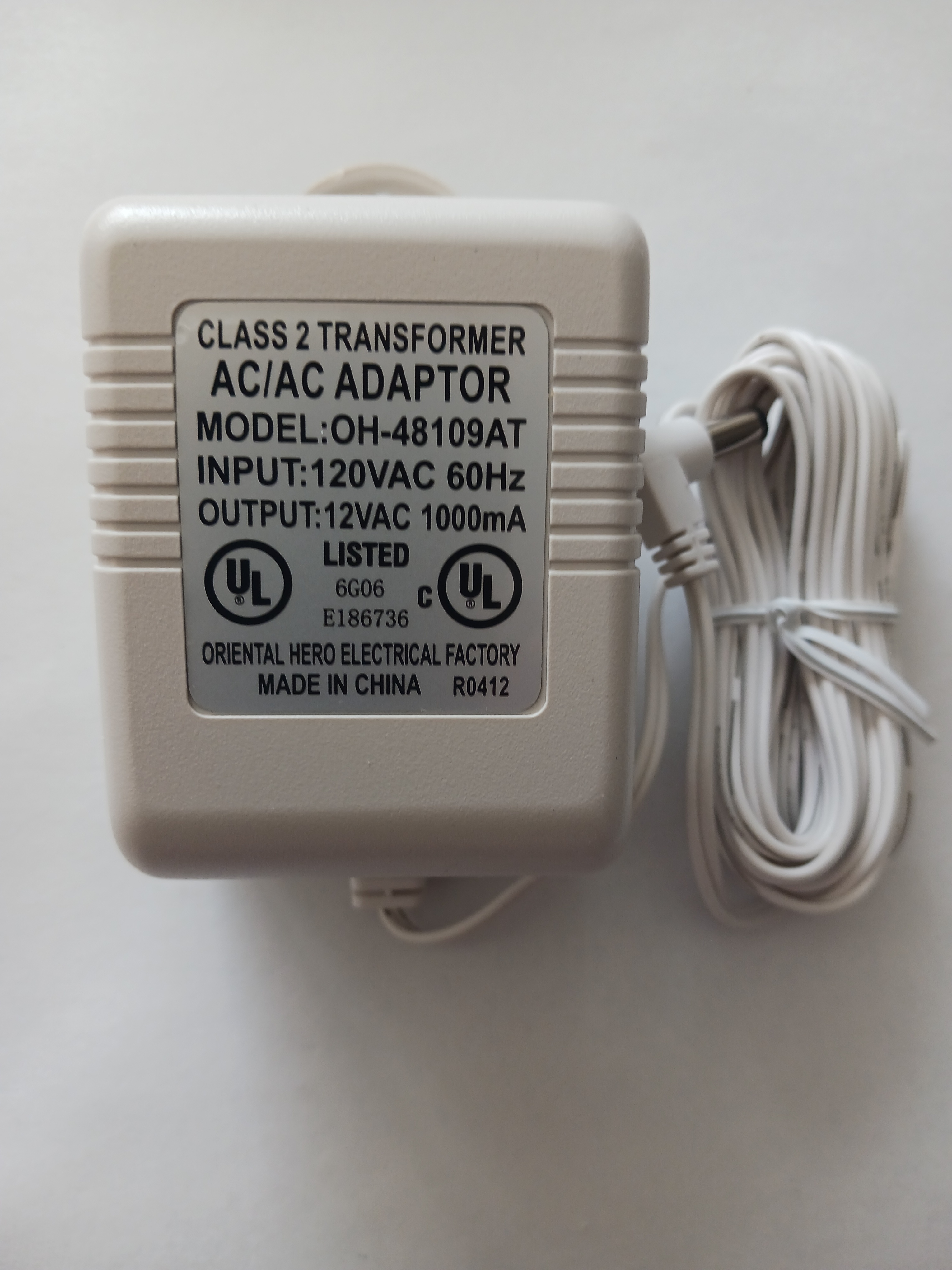 Class 2 Transformer 120Vac To 12Vac/1 Amp Model OH-48106AT