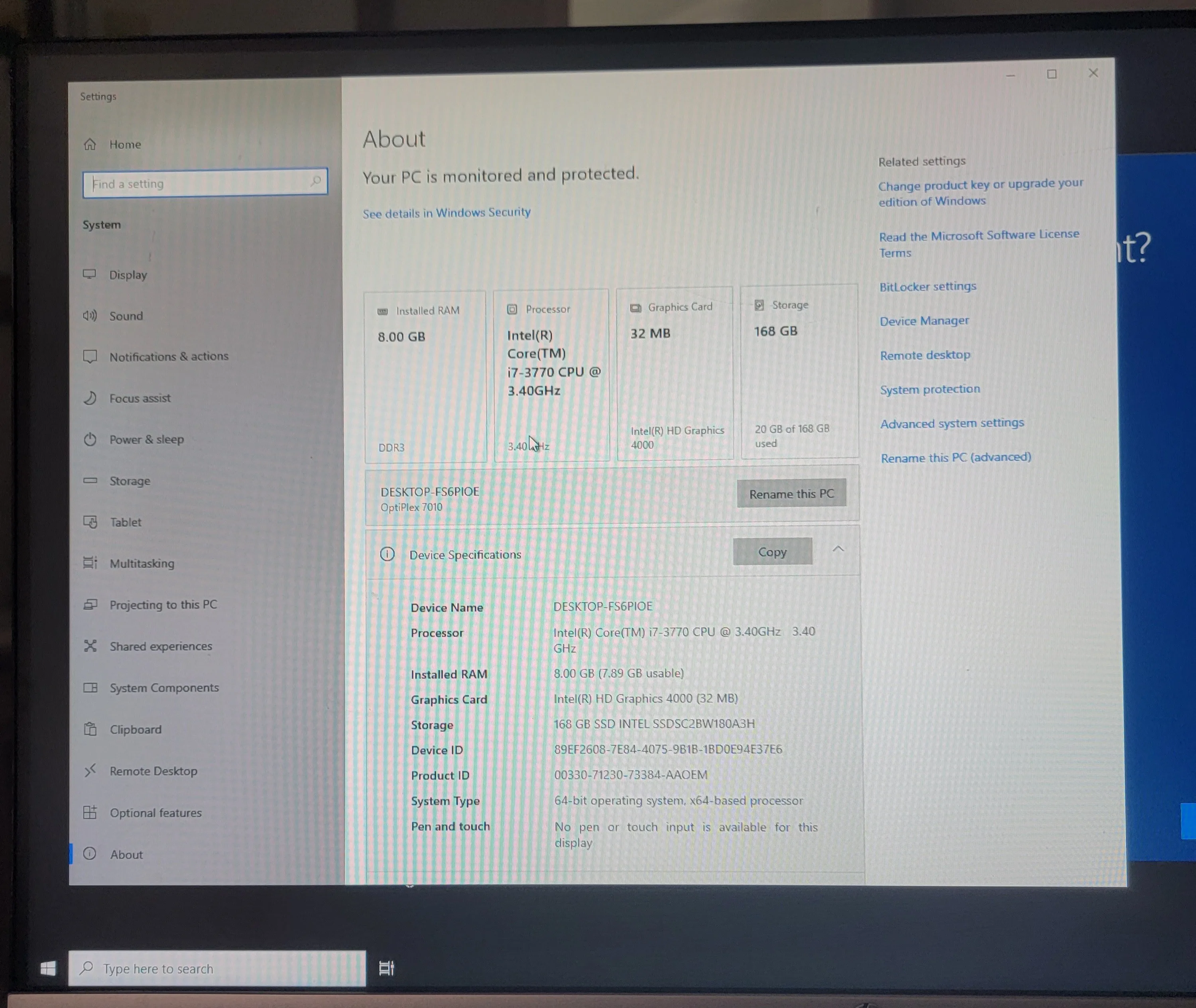 Dell Desktop i7, 8GB RAM, 180GB SSD