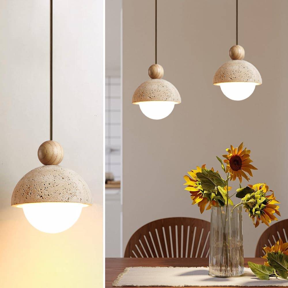Pendant Lamp - Natural Travertine & Wood