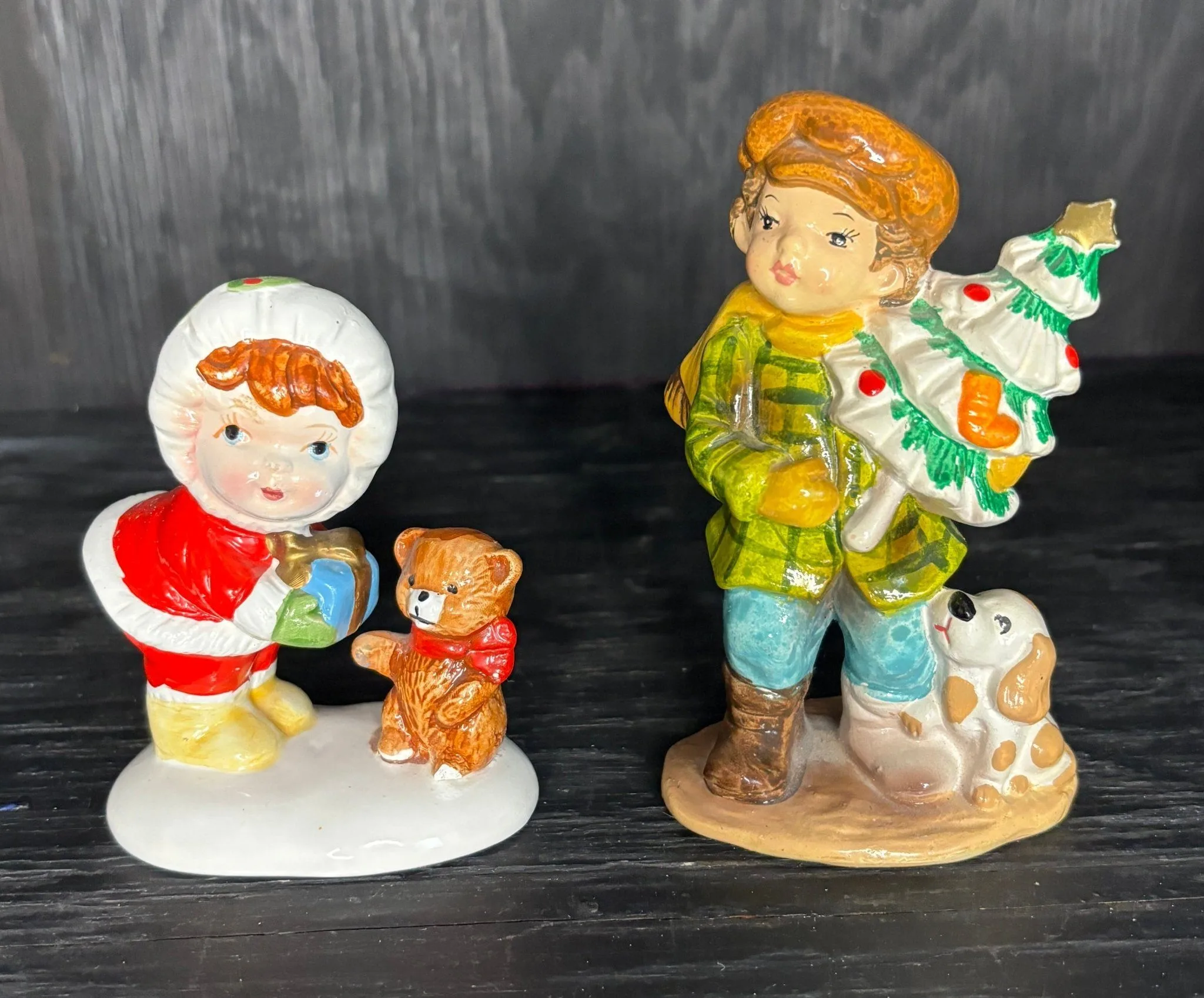 Enesco Boy and Girl with Dogs Vintage Christmas Figurines thumbnail