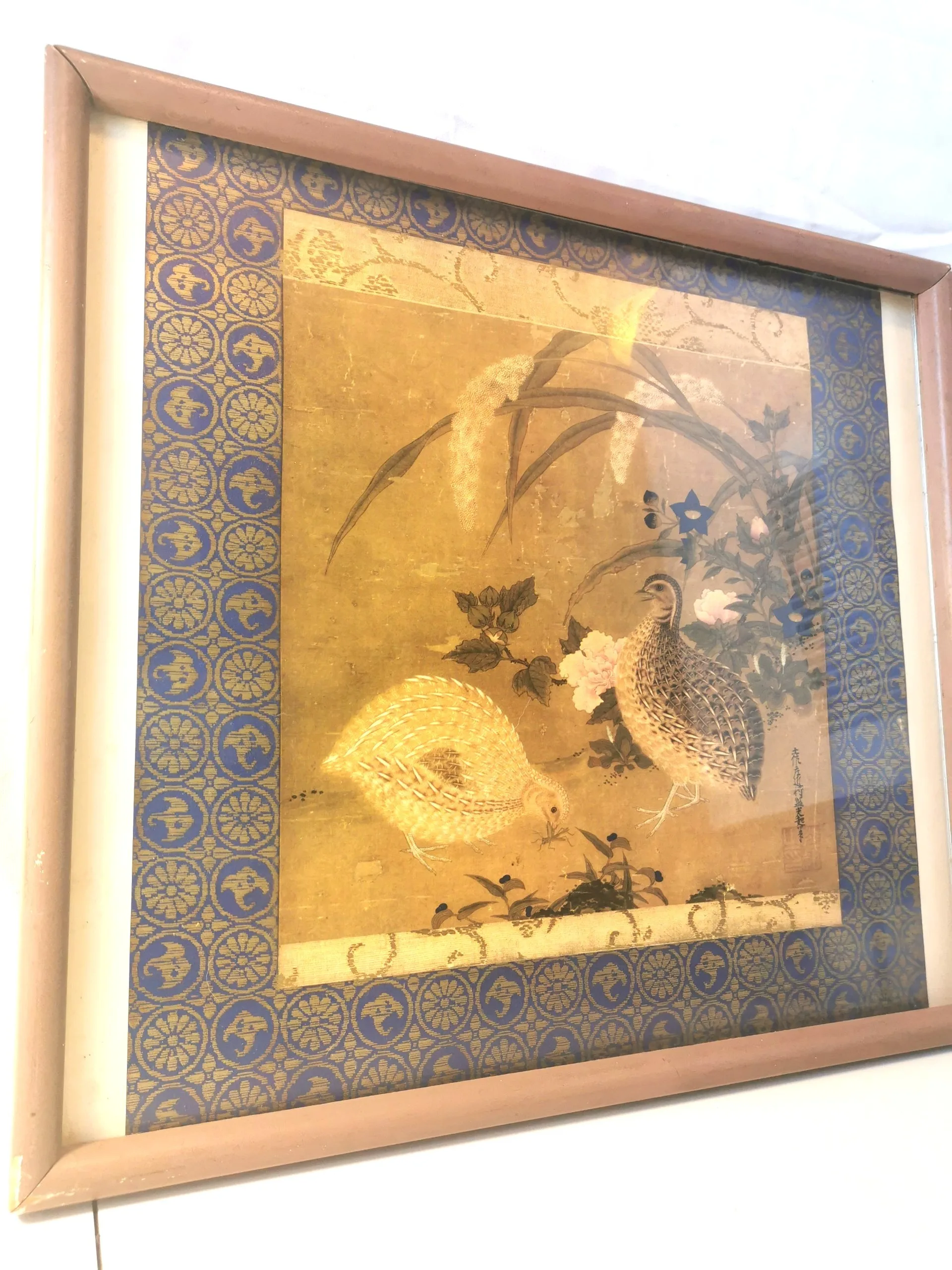 Tosa Mitsuoki Woodblock Print Quail Flowers Japan DAMAGED FRAME image indicator(3)