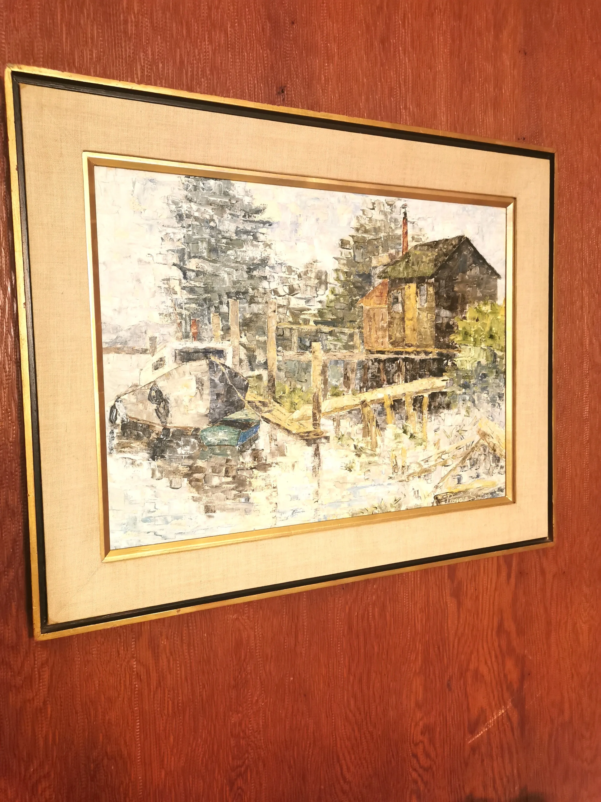 Original Oil Painting Waterfront by Peggy Hill Signed 1974 image indicator(9)