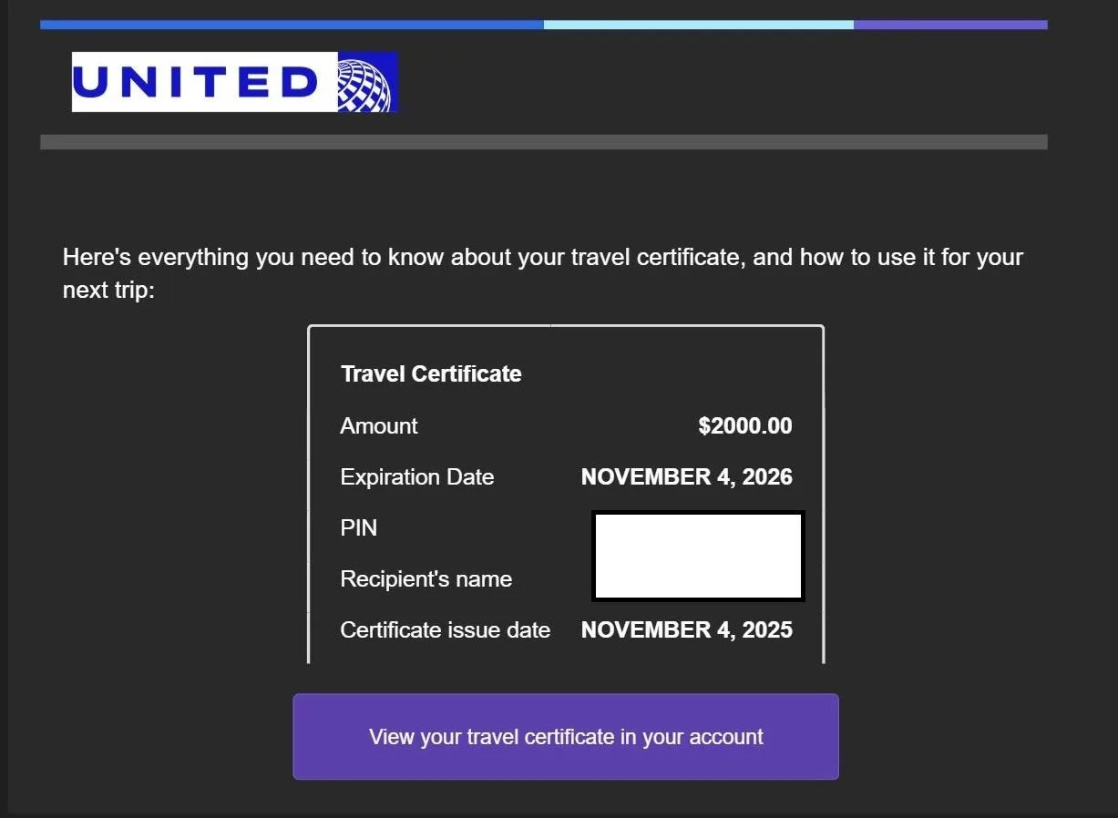 United Airlines $2000USD Travel Certificate