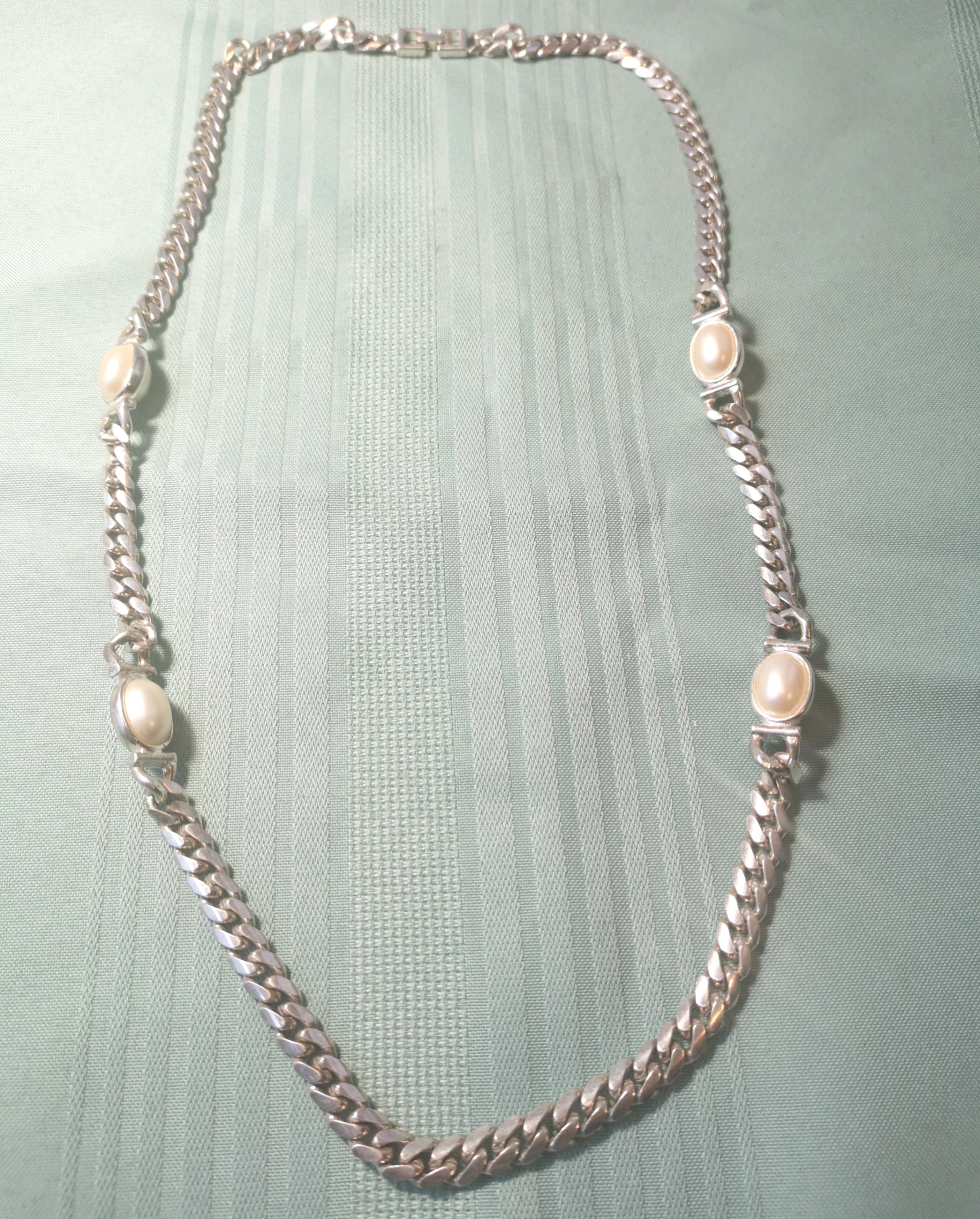 Necklace Silver Tone Chain & Faux Pearl Station Vintage 80sStyle - photo 3