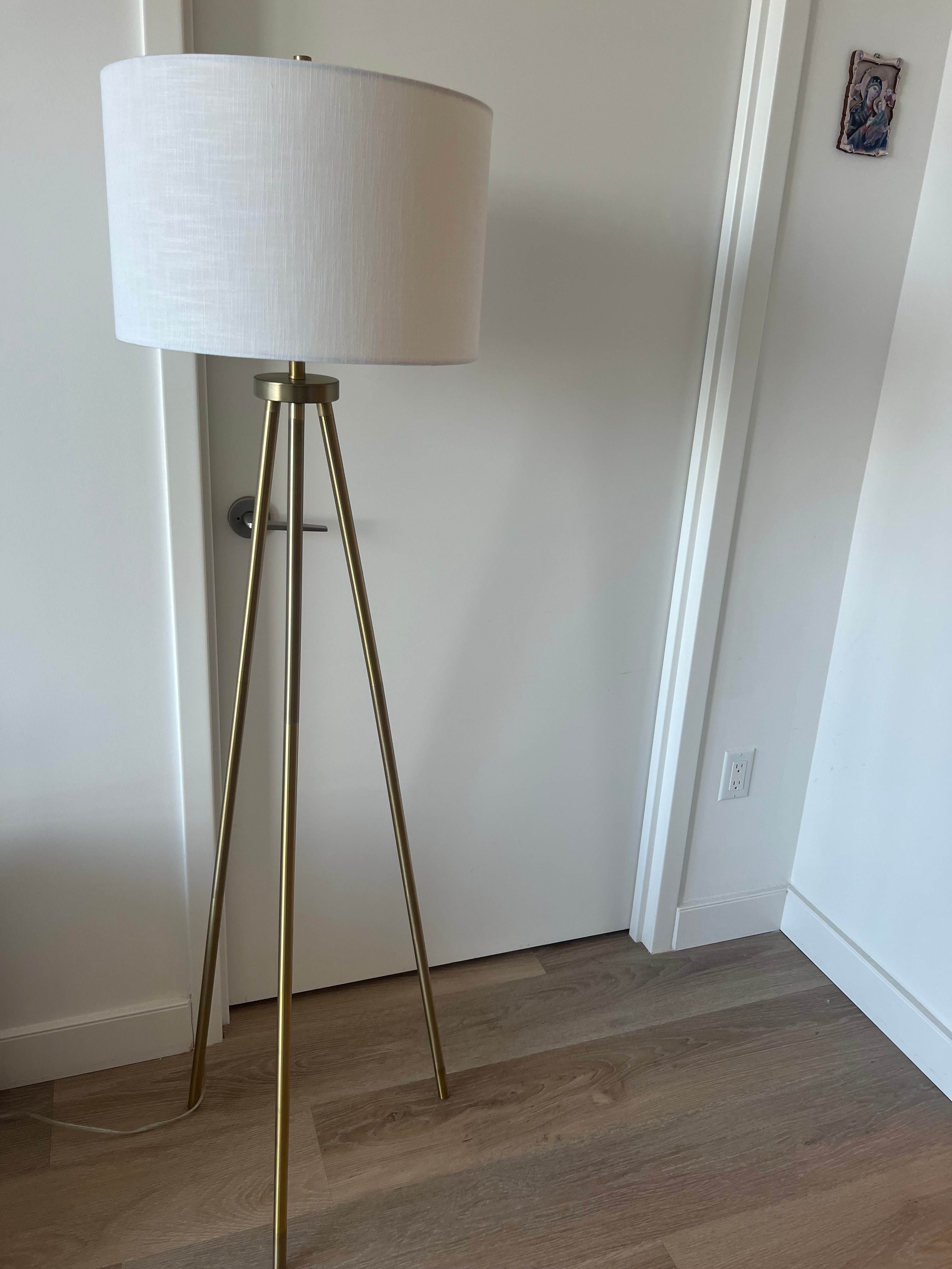 TRIPOD FLOOR LAMP WITH SHADE, BRASS