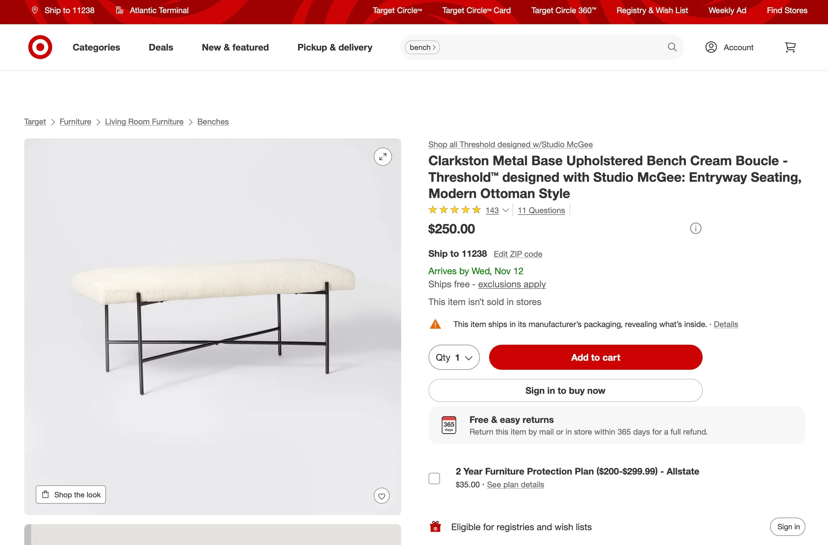 Cozy Boucle Bench in Cream Color - Threshold™ w/Studio McGee image indicator(7)