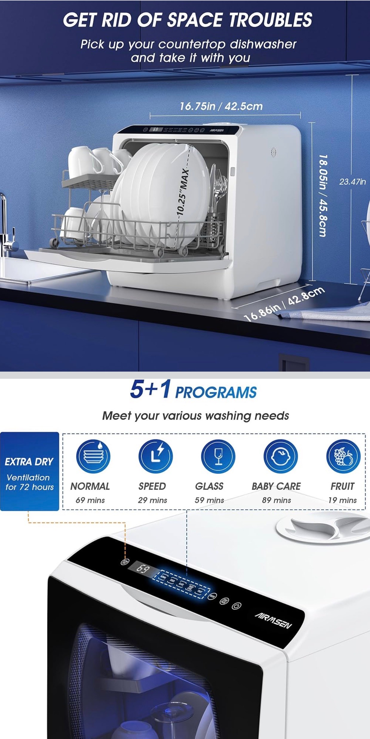 Portable Dishwasher, Compact 5L Built-in Water Tank and Air-Dry
