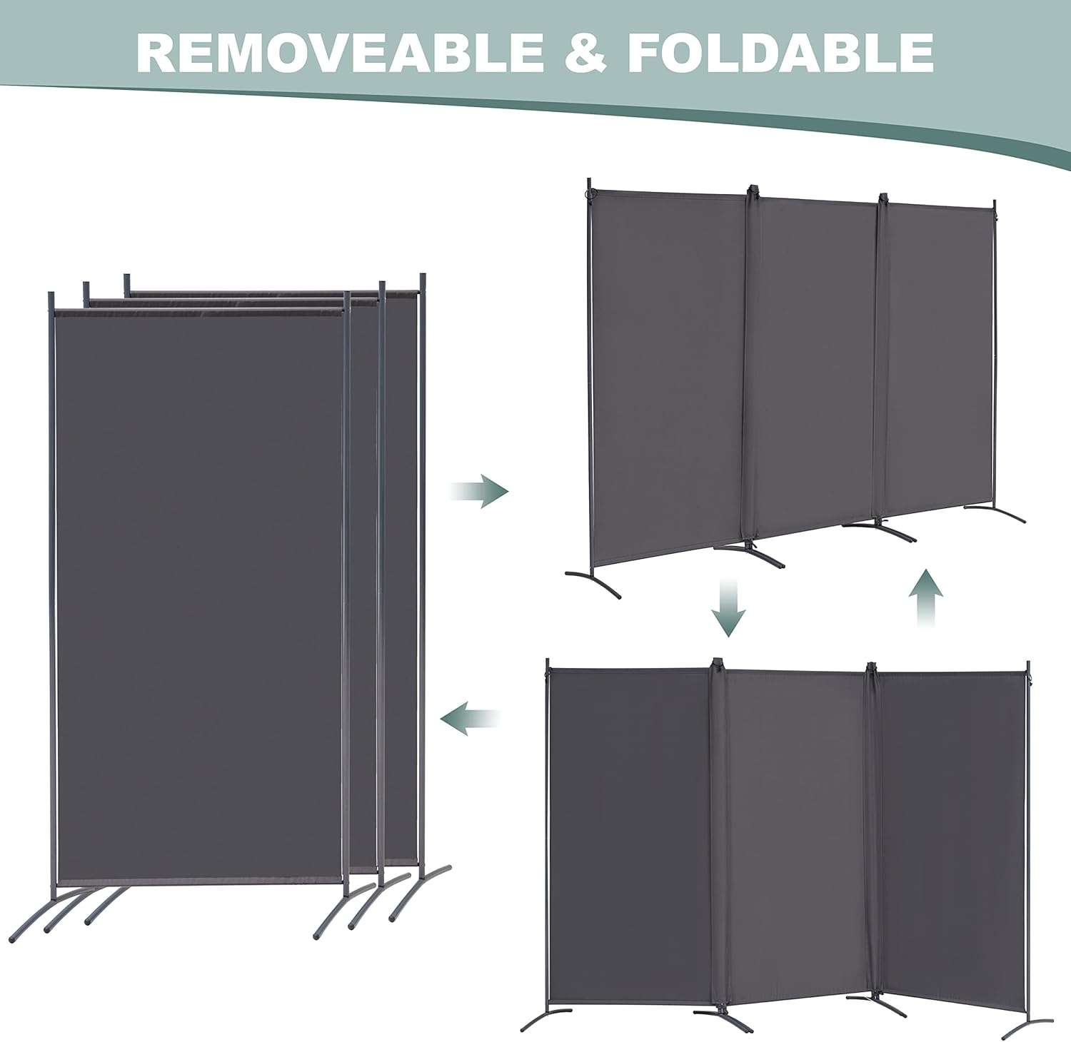 3-Panel Room Divider, 6 Ft Tall Privacy Screen - Grey, pic1+2 - photo 5