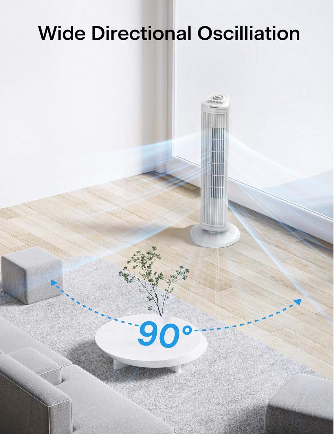 PELONIS 30" Oscillating Tower Fan with 3 Speeds & Timer – White - photo 3