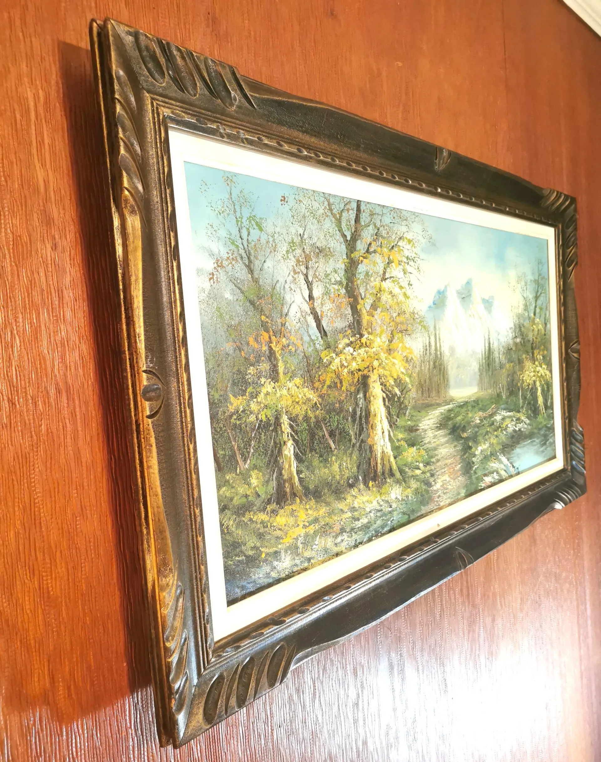 XXL 70s Impasto Oil Painting Mountain Landscape 47.5" Wood Frame