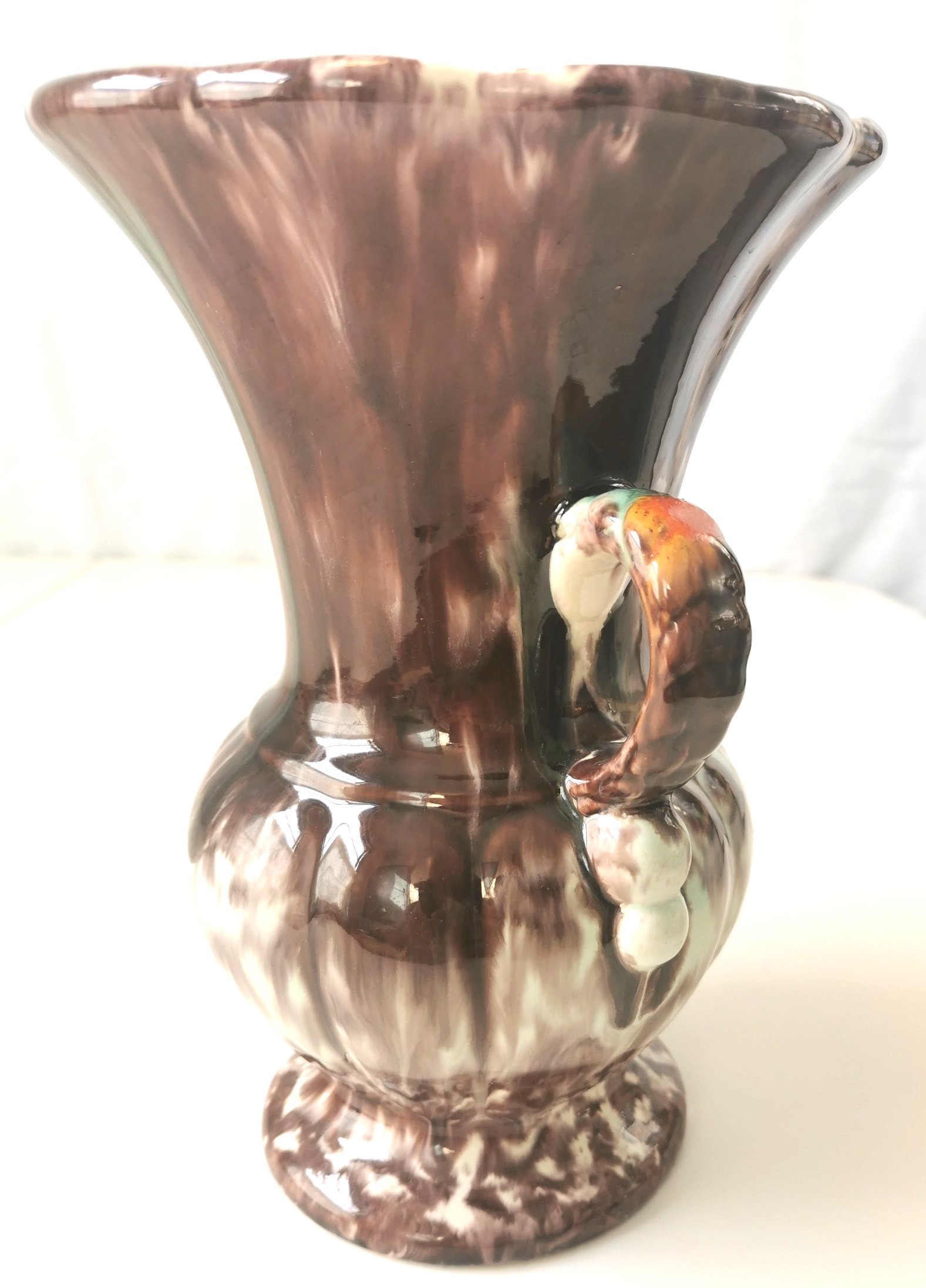Brown Drip Glaze Double-Handled Pottery Vase circa 60s Unmarked - photo 2