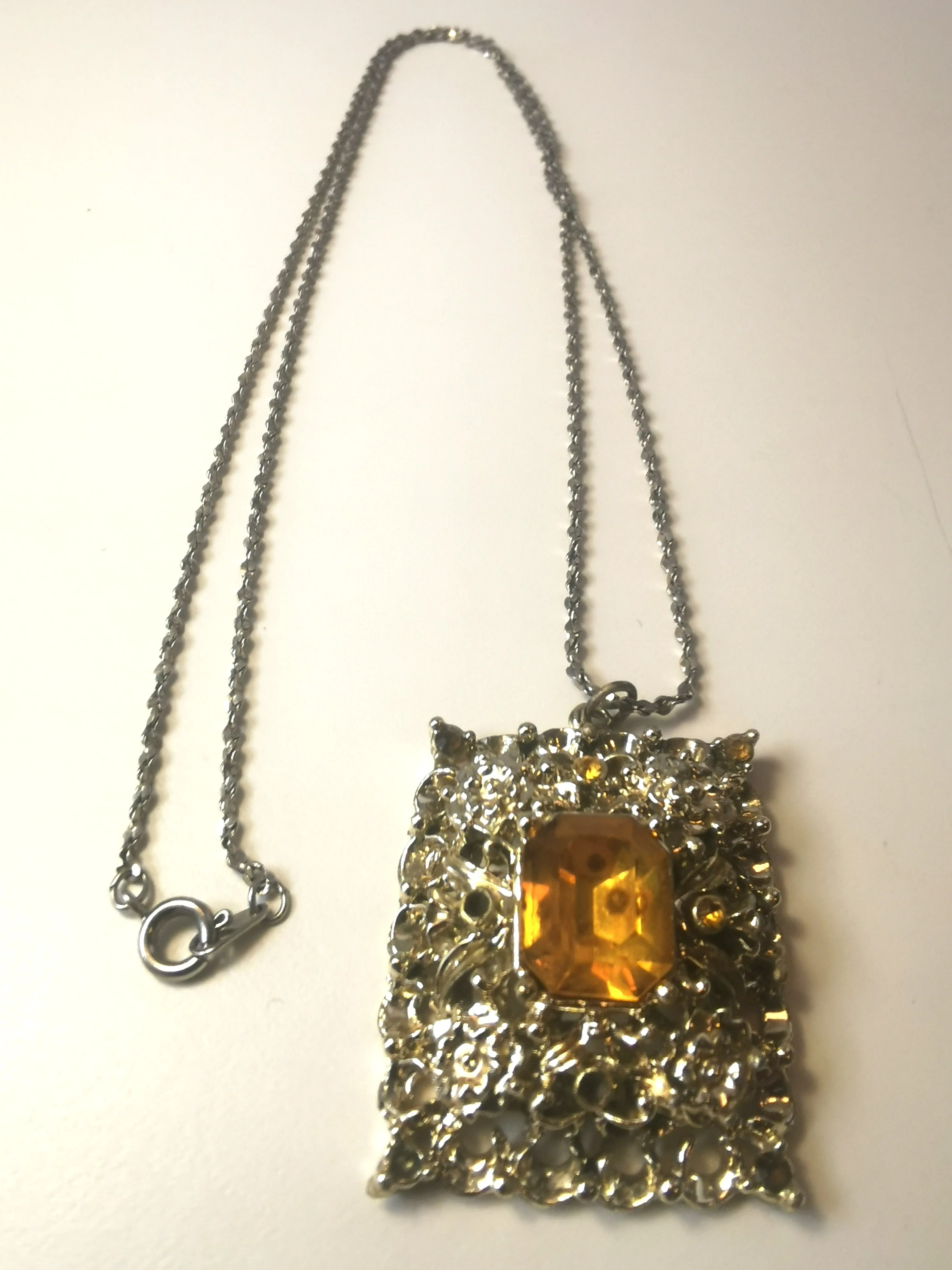 Vintage 80s Statement Necklace Citrine Glass Pendant Retro Costu image indicator(7)