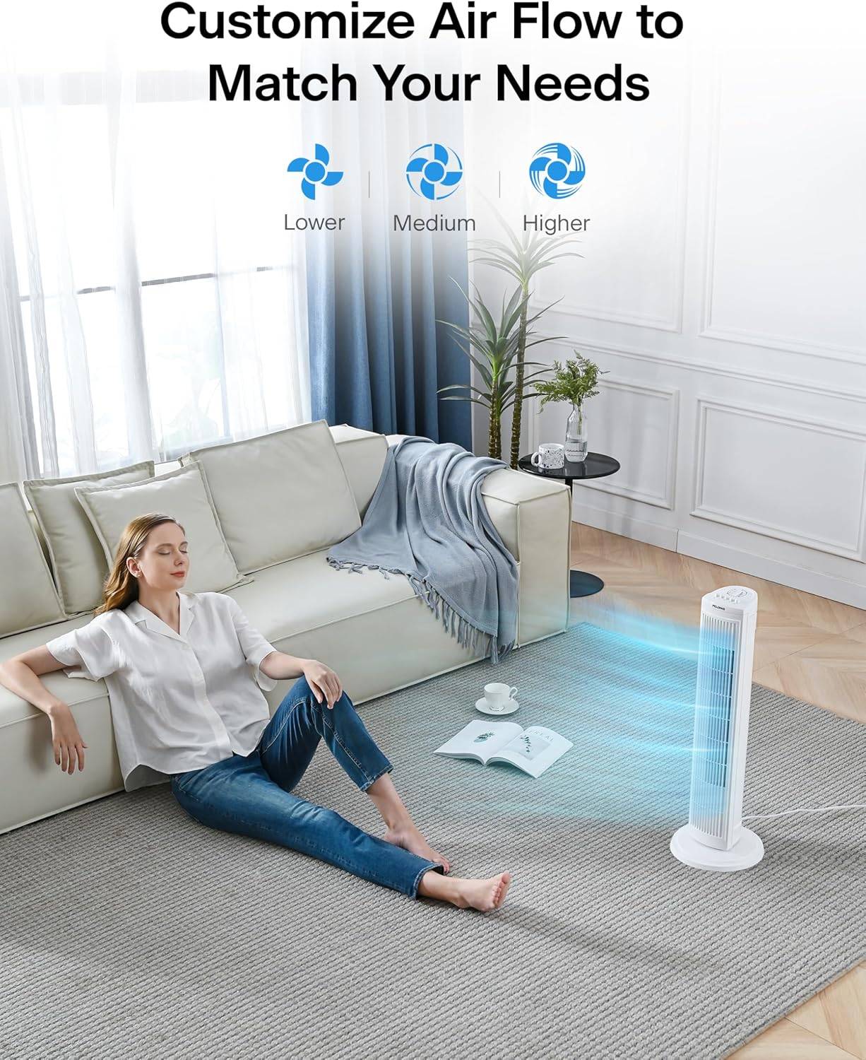 PELONIS 30" Oscillating Tower Fan with 3 Speeds & Timer – White - photo 2