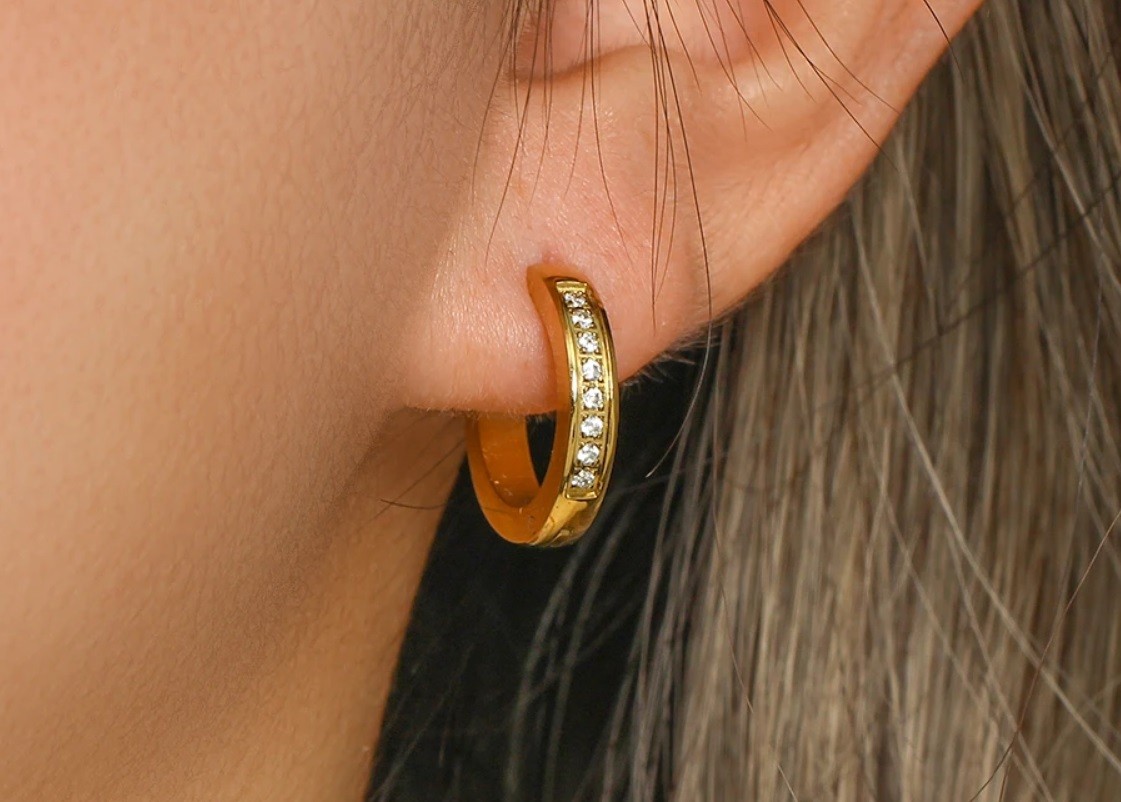 18K Gold Plated Huggie Hoop Earrings with Crystal (tarnish free) - photo 4