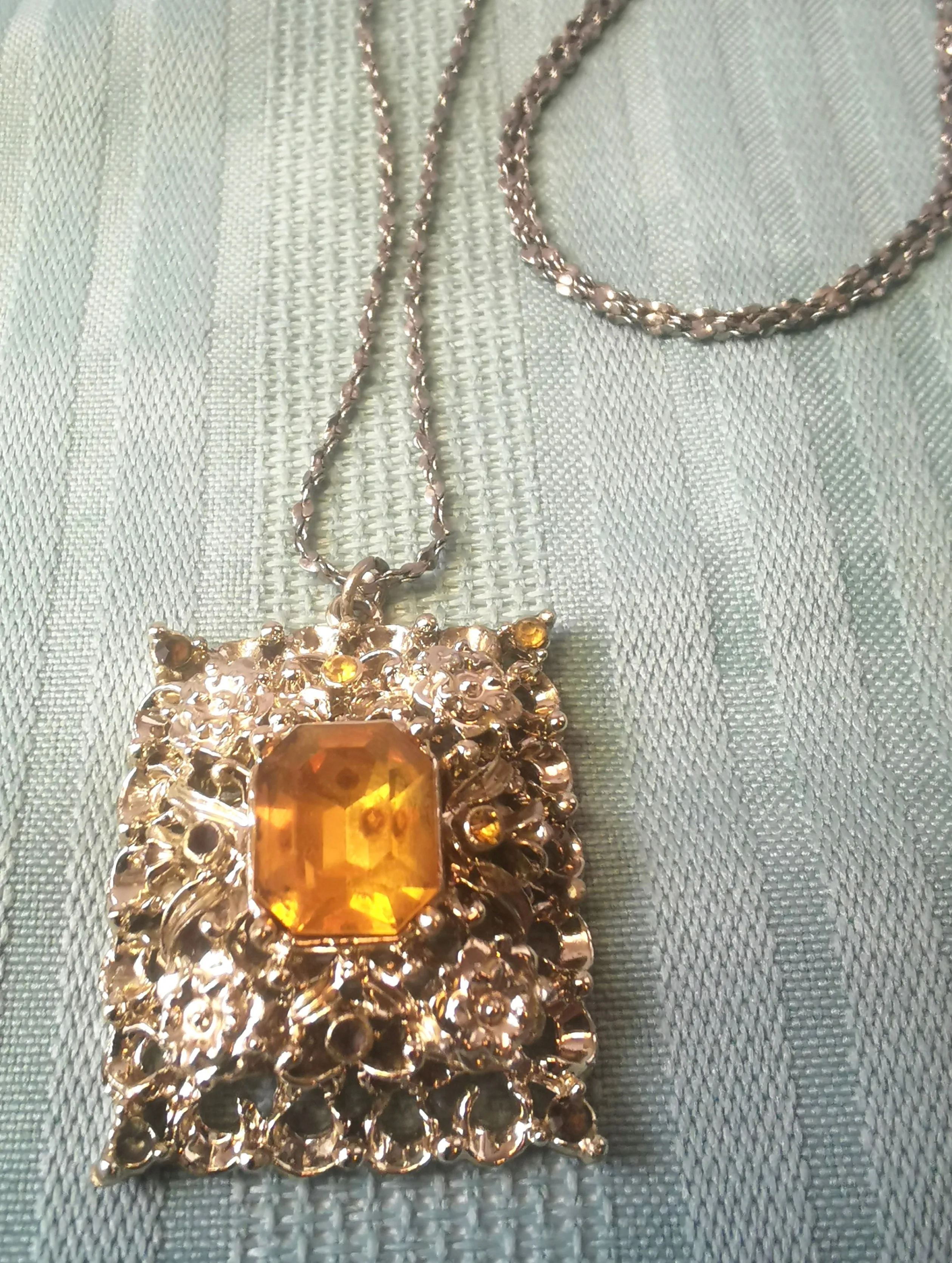 Vintage 80s Statement Necklace Citrine Glass Pendant Retro Costu image indicator(4)