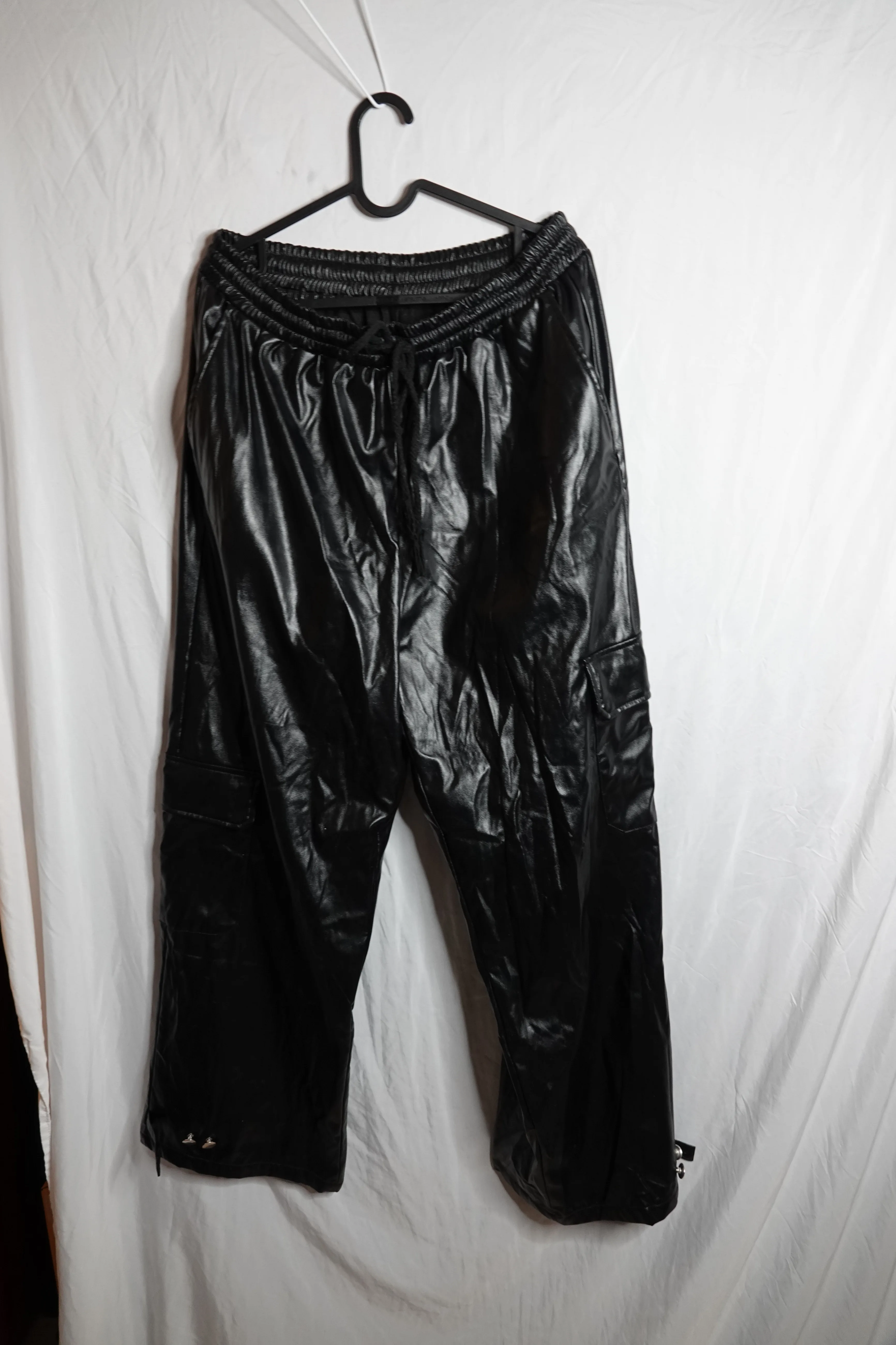 Black Faux Leather Cargo Pants – Elastic Waist, Wide/Relaxed Fit