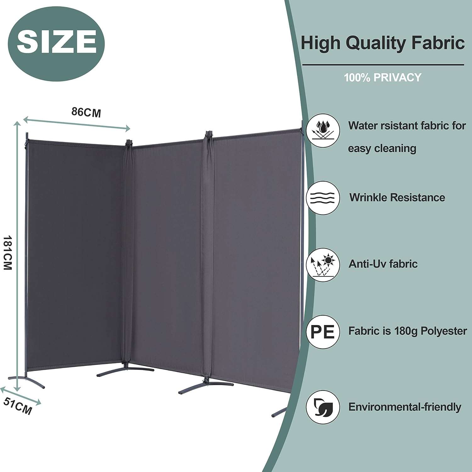 3-Panel Room Divider, 6 Ft Tall Privacy Screen - Grey, pic1+2 - photo 3