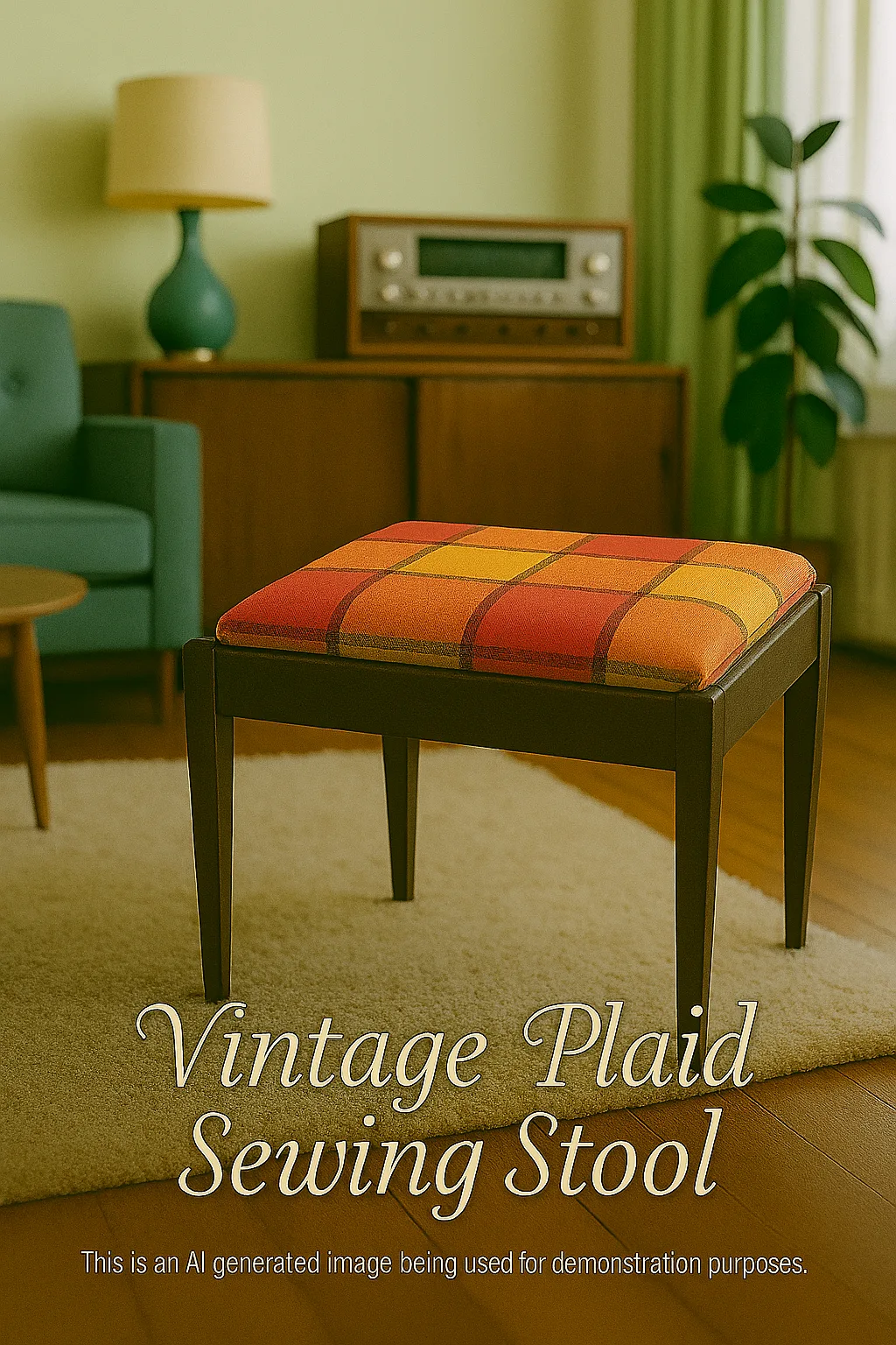 Vintage MCM Plaid Upholstered Stool with Storage thumbnail