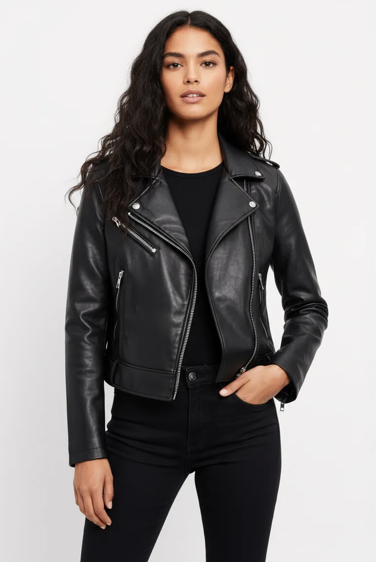 ZARA Faux Leather Biker Jacket Womens (M) Black Moto Style NWOT