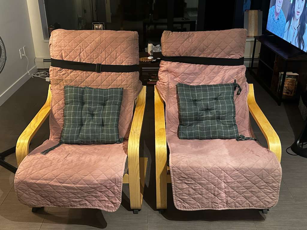 Pair of wooden patio chairs