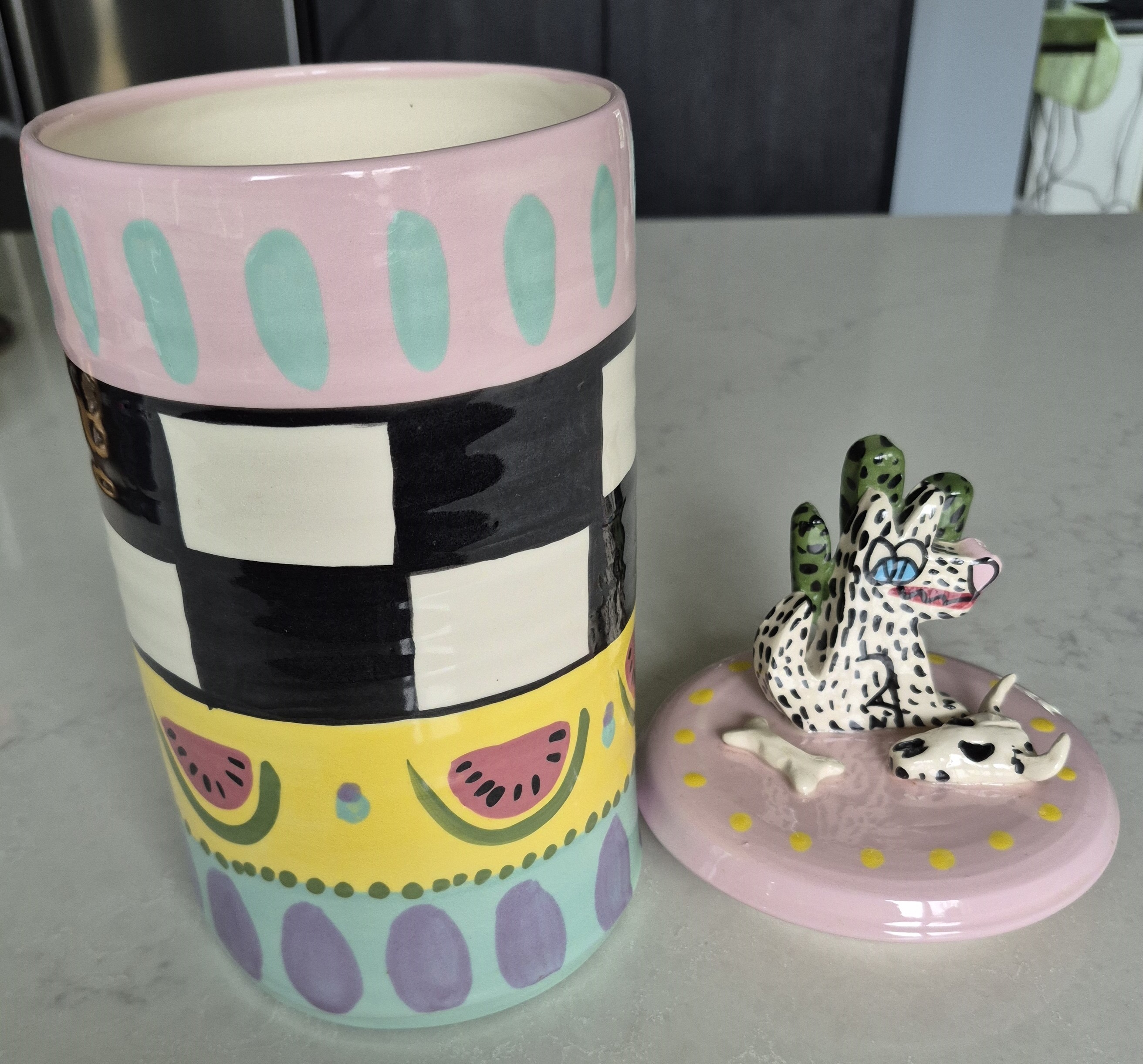 Art Pottery- Large Canister with Whimsical Dog on Lid - photo 3