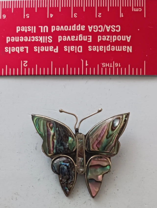 Vintage ABALONE SHELL BUTTERFLY Brooch/Pin Mexico Alpaca