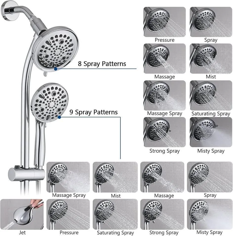 High Pressure Chrome Dual Shower Head with Slider Bar & 5ft Hose image indicator(3)