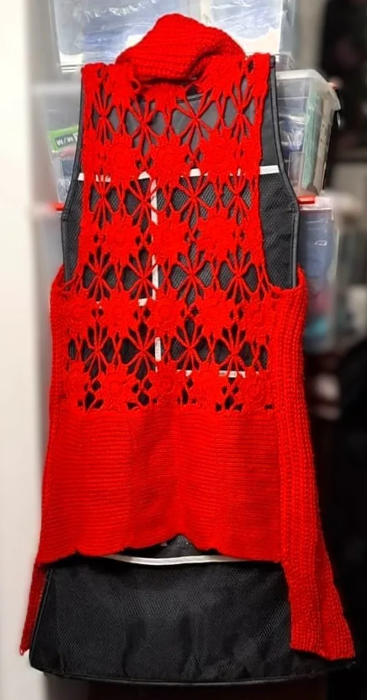 Red Knitted Cardigan Vest Sweater with Crochet Detail image indicator(4)