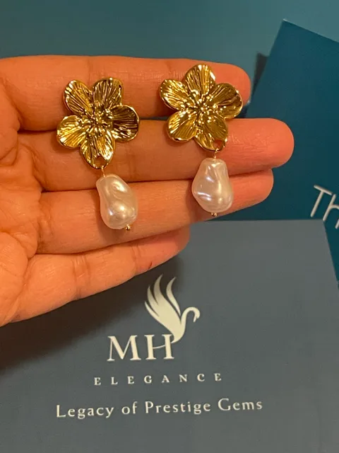 14k Gold Plated Pearl Drop Flower Earrings