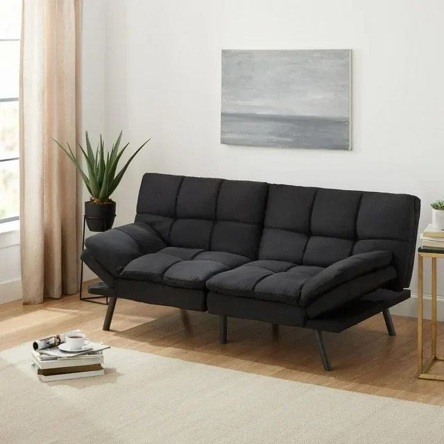 Couch. Mainstays Memory Foam Futon, Futon with foldable armrest